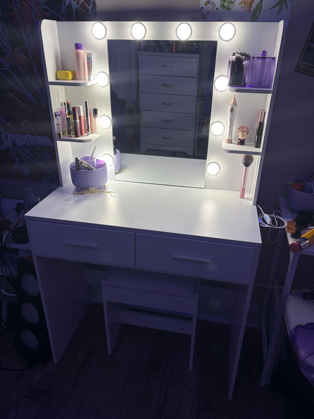 Furmax Makeup Vanity Desk with Mirror and Power Outlet, Vanity with 3 Color Light Options Adjustable Brightness, 2 Drawers, 6 Storage Shelves (White, with Bench) customer photo 2
