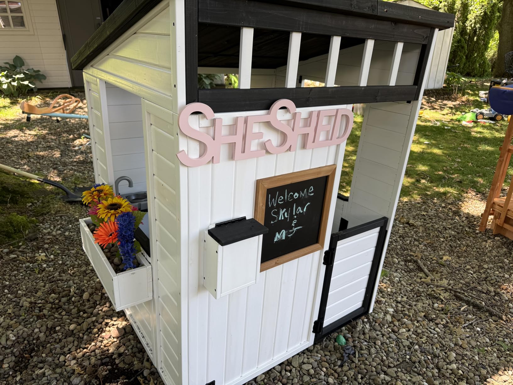 Backyard Discovery Caraway Cottage Cedar Wooden Kids Playhouse with Play Kitchen, Chalkboard, Mailbox, Half Door, Windows, Flower Box, Modern Farmhouse Design for Outdoor Imaginative Play customer photo 1