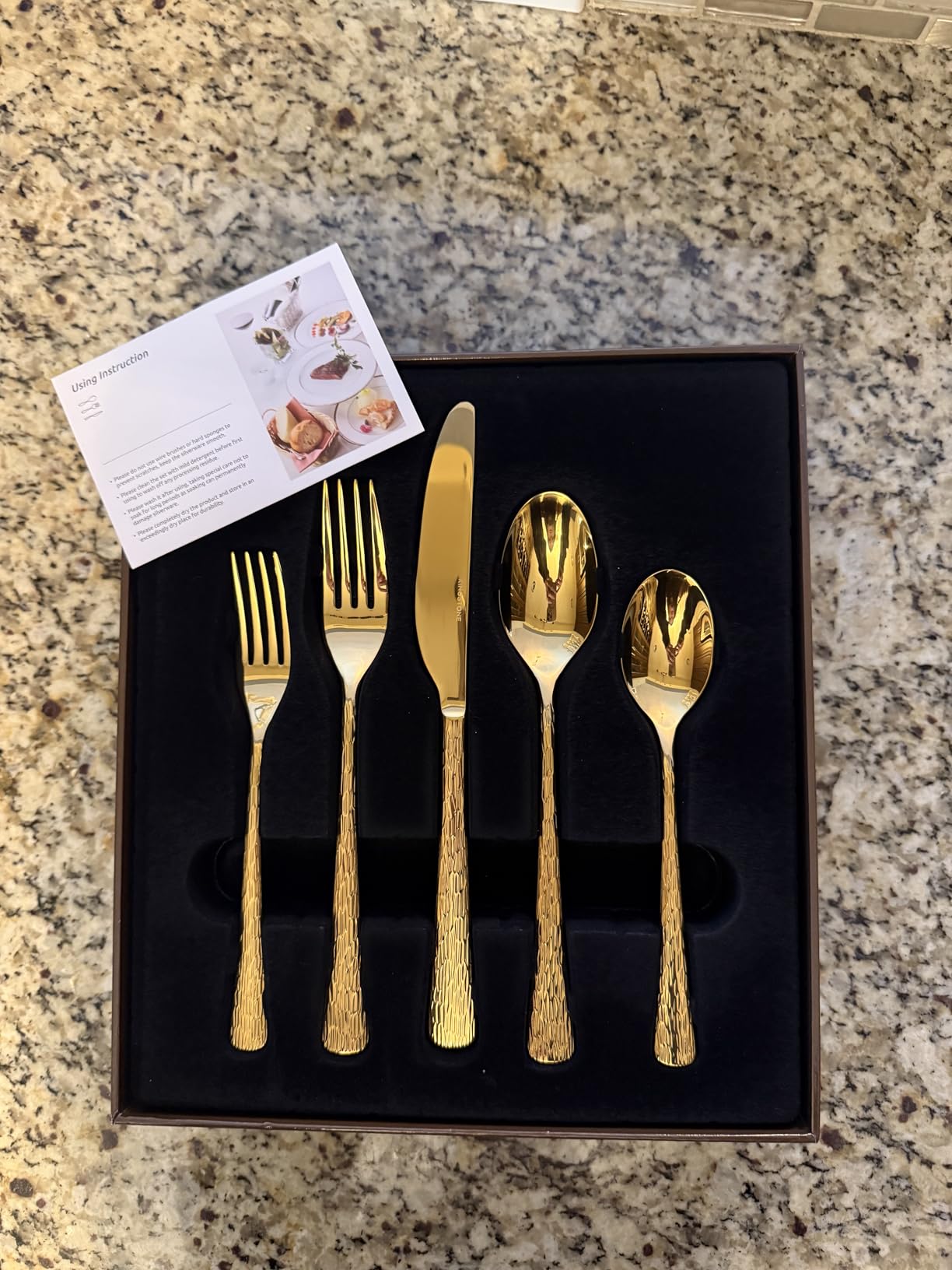 KINGSTONE Gold Hammered Silverware Set, Flatware Set with Serving Utensils, 18/10 Stainless Steel Premium Cutlery with Unique Ripple Handles Design Mirror Polished - Dishwasher Safe (45-Piece) customer photo 1