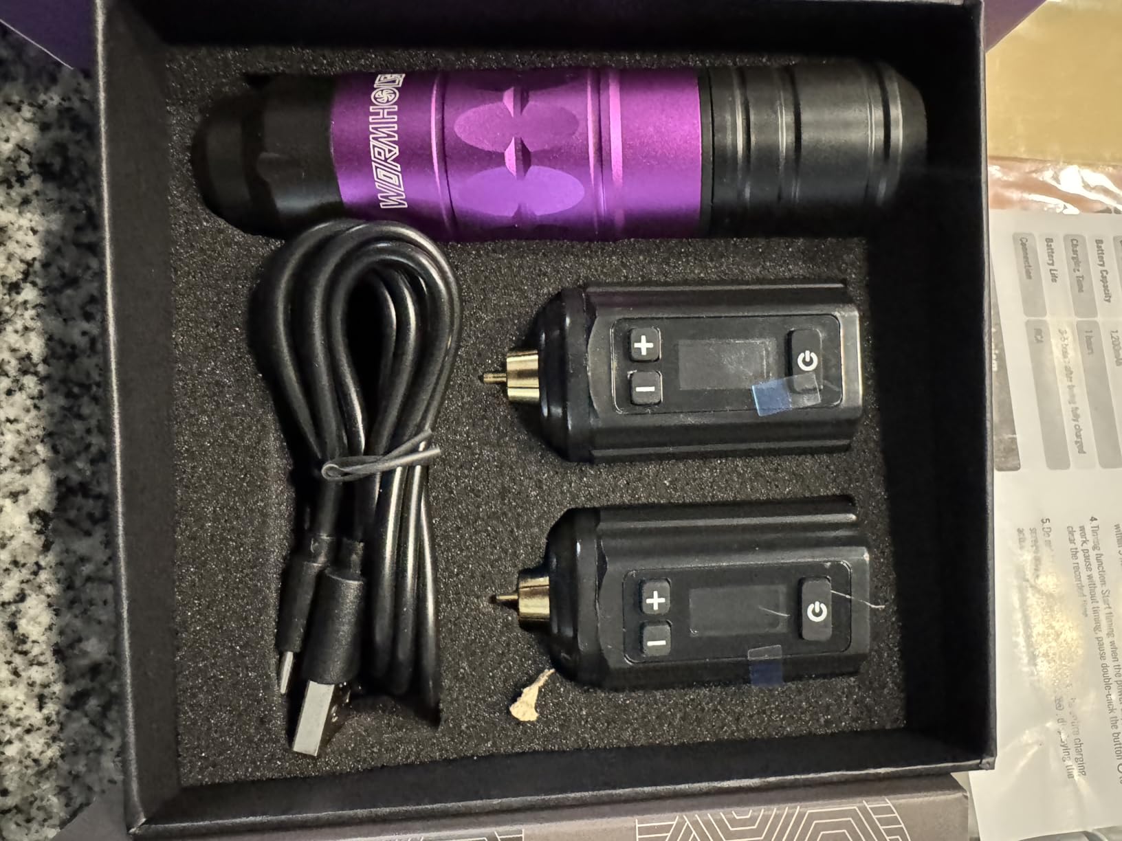 Wormhole Tattoo Gun Tattoo Kit with Wireless Tattoo Machine, 2PCS 1,200mAh Capacity Tattoo Batteries, 20 Cartridge Needles with Finger Ledge, Ink Color Set for Artists-Purple WTK293 customer photo 1