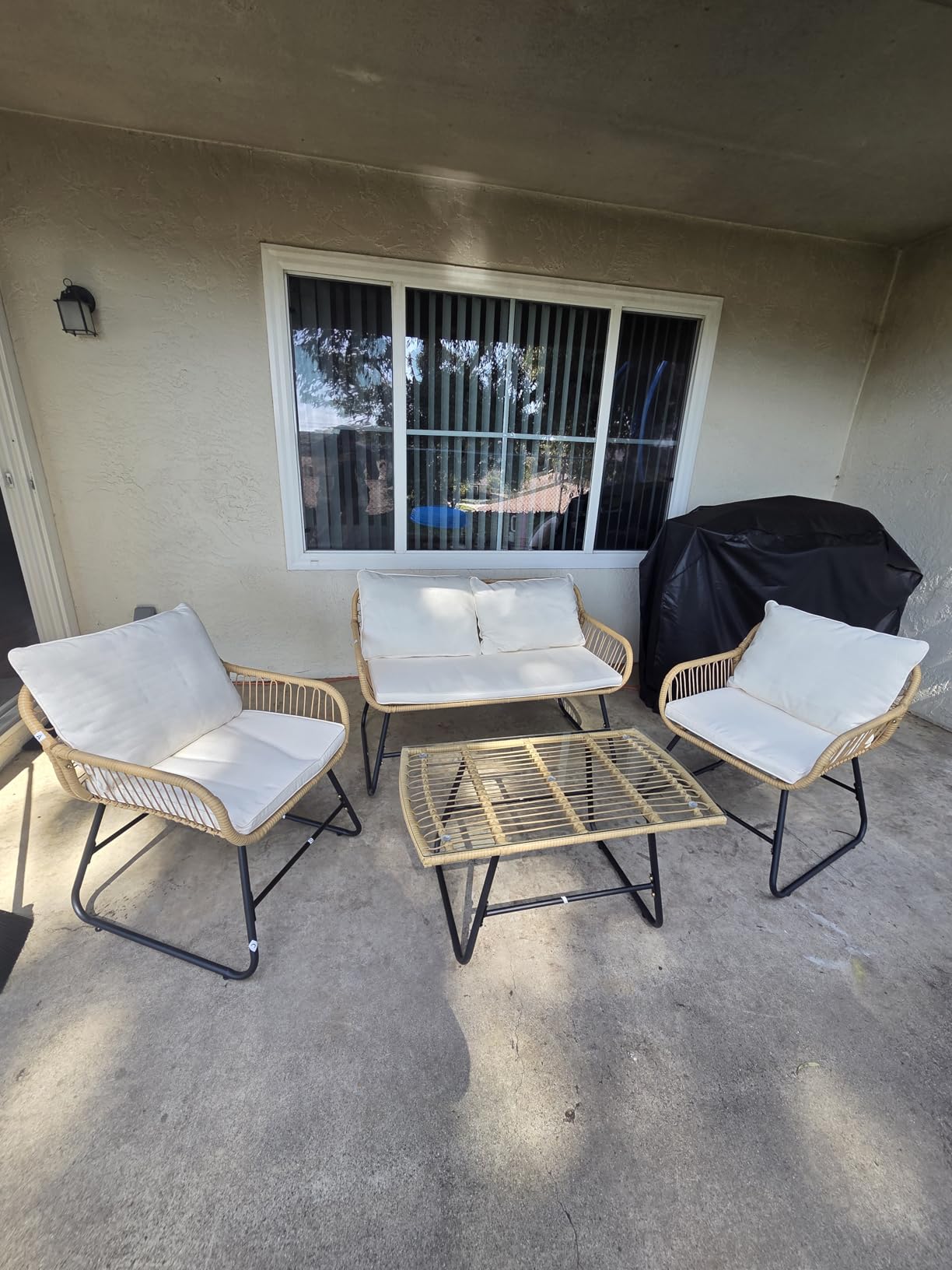 Yaheetech 4 Piece Patio Furniture Set, Outdoor Wicker Conversation Sets, Boho Loveseat and 2 Armchairs with Cushion and Pillow, Glass Top Table for Backyard, Porch, Balcony, Deck - Tan/Black customer photo 1