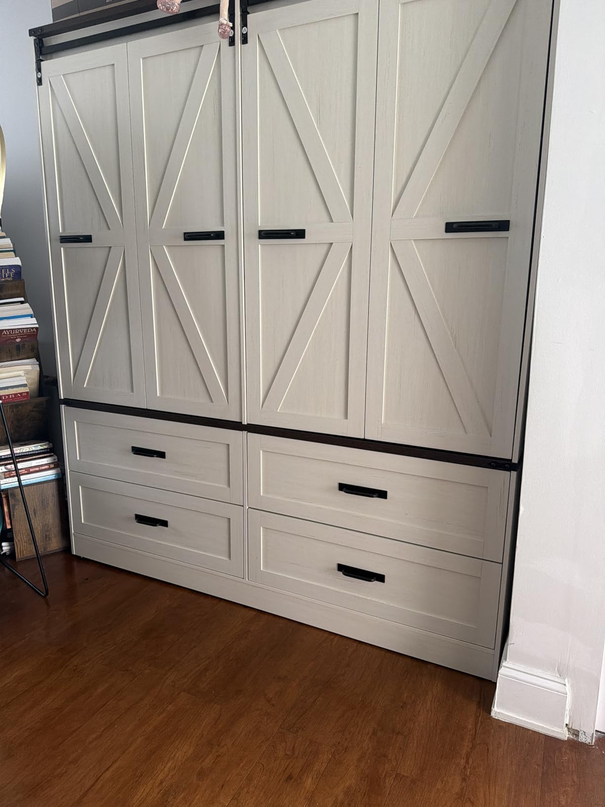 Farmhouse 4 Doors Armoire Wardrobe Closet w/Folding Sliding Barn Door and Lights, LED Armoire Closet w/Drawers for Bedroom, Freestanding Wooden Wardrobe Storage Closets w/Hanging Rod,Antique White customer photo 1