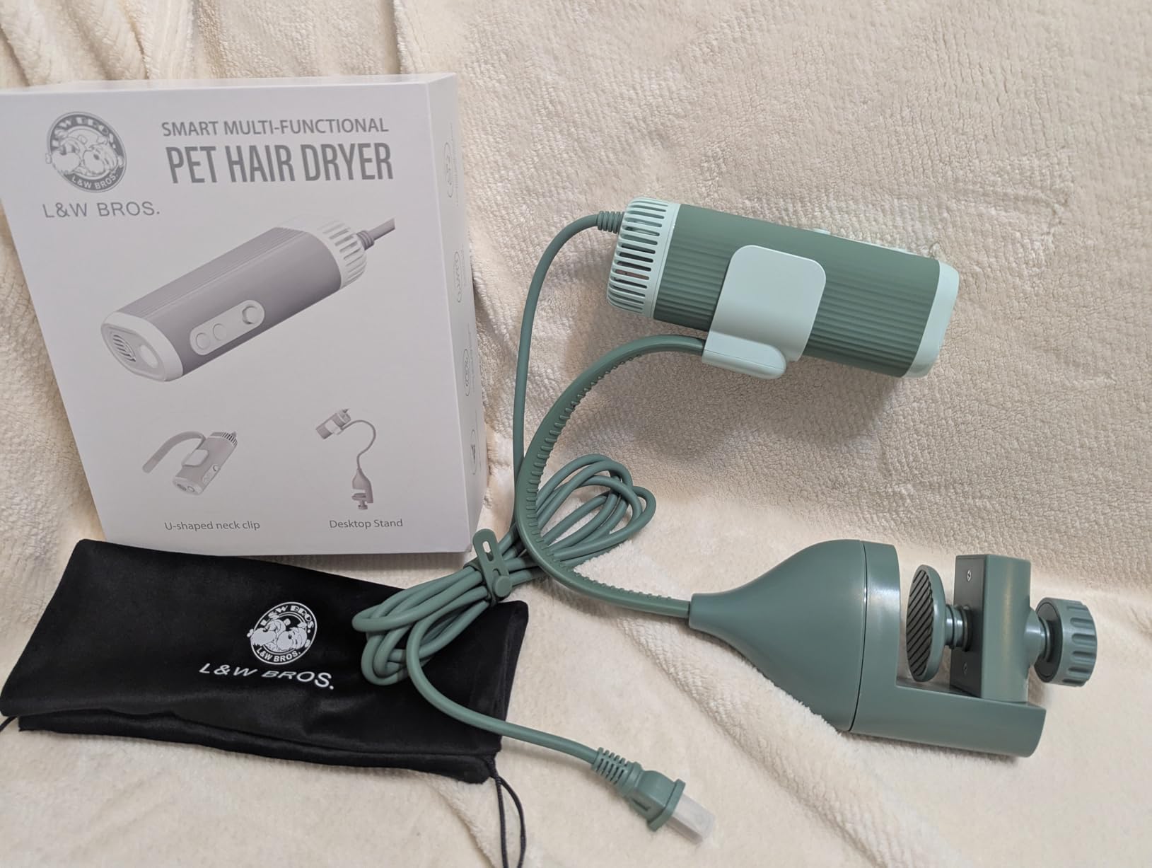 2-in-1 Pet Hair Dryer with Clamp Stand - Wearable & Hands Free Dog Grooming Dryer, 950W Low Noise Blower with 5 Heat & 3 Speed Settings, for Small to Medium Pets (White) customer photo 2