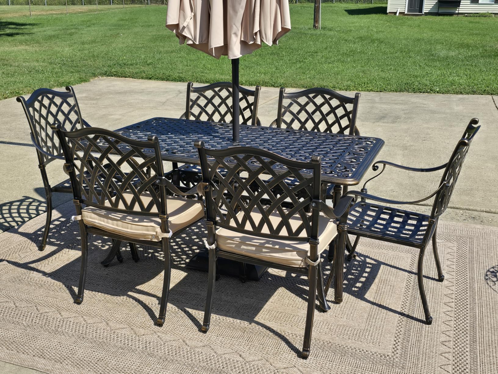 7-Piece Cast Aluminum Outdoor Table and Chairs, Antique Bronze Patio Dining Set for 6 Include 60