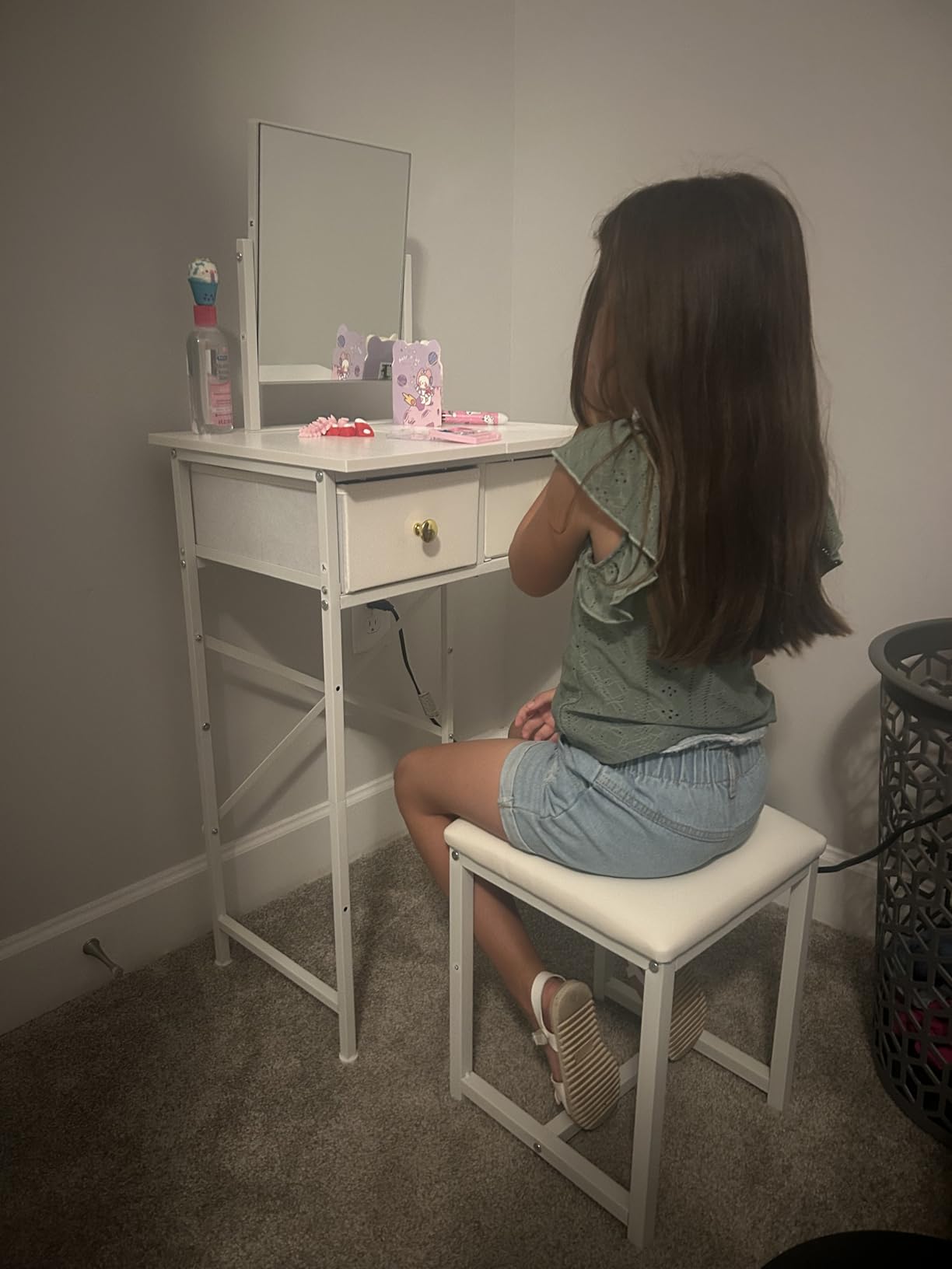 X-cosrack Small Makeup Vanity Desk with Mirror & Chair, Mini Vanity Desk Table Set with Fabric Storage Drawer, 19.7
