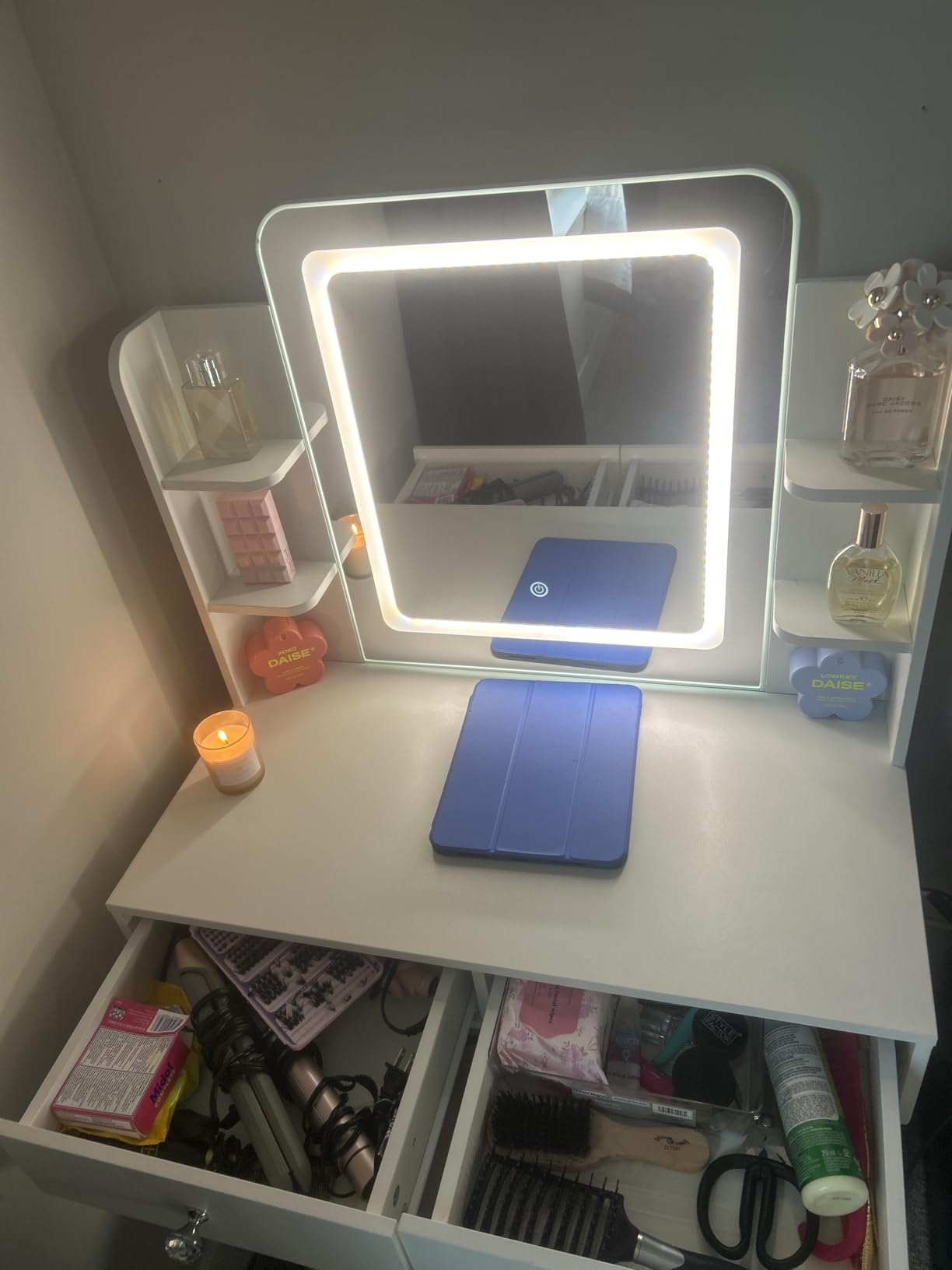 LIVELYGLOW Small Makeup Vanity Desk with Smart LED Mirror & Power Outlet, 29.5