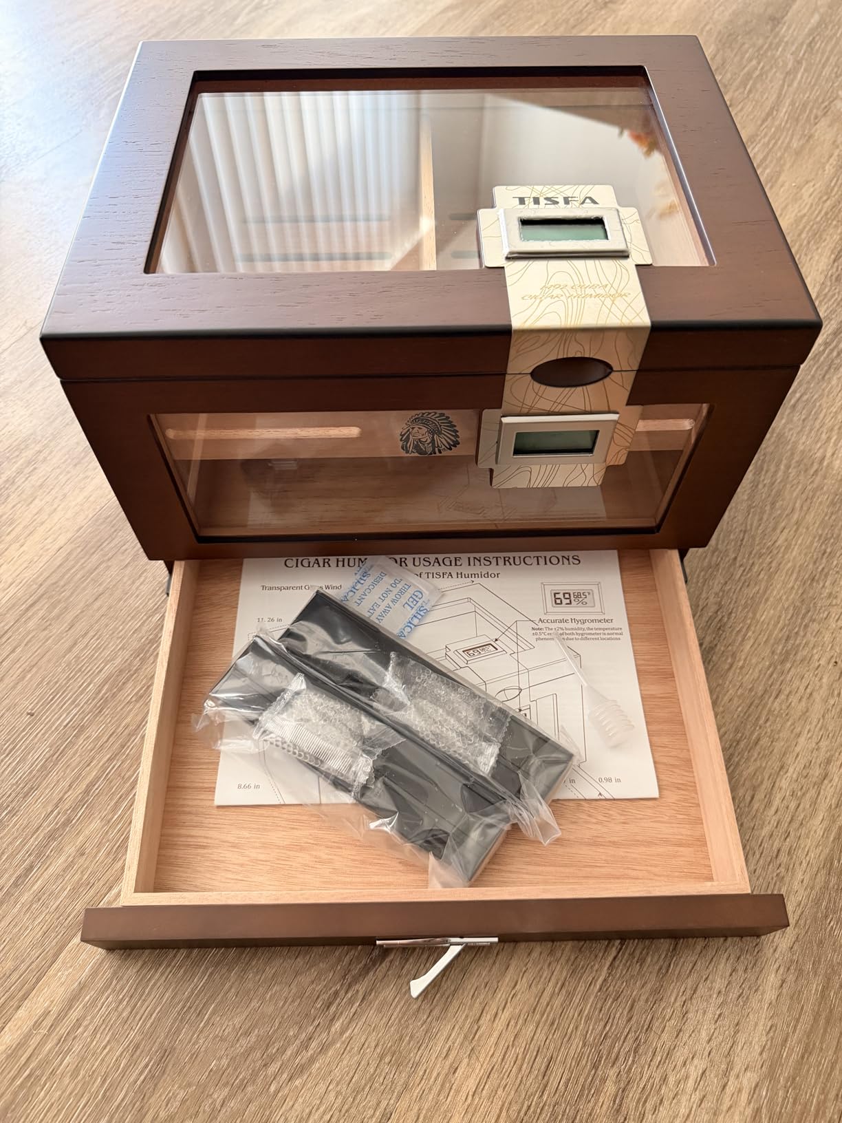 TISFA Cigar Humidor Cedar Wood Cigar Box with 2 Digital Hygrometer, 2 Humidifiers, Cedar Tray, Divider, Accessory Drawer, Glass Top Large Desktop Humidors and Acrylic Travel Cigar Tube Gifts Set customer photo 2