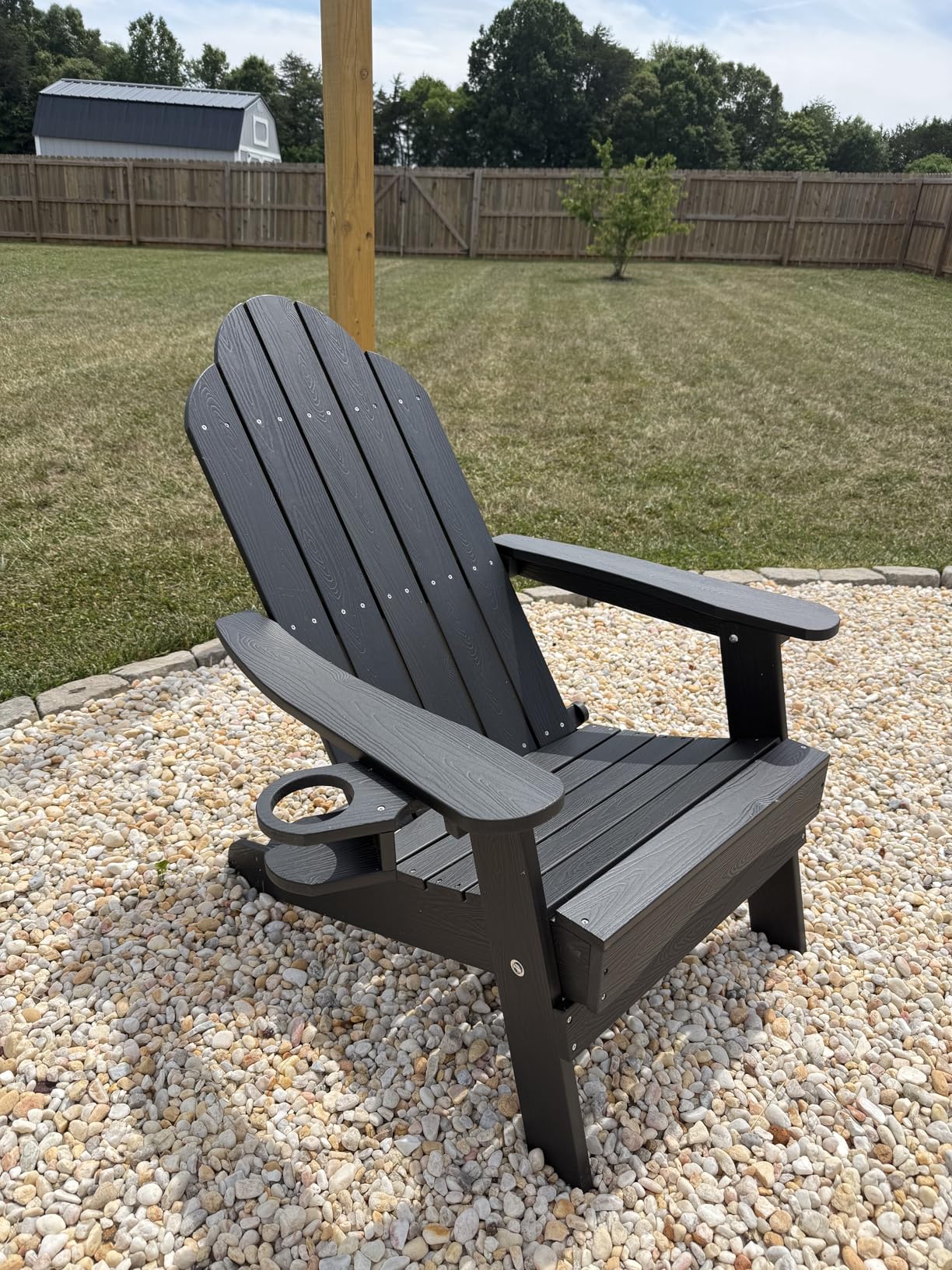 Folding Adirondack Chair, All-Weather HDPE Plastic Patio Chair with 2 Cup Holders, Wooden Textured Lawn Chair, Teak customer photo 1