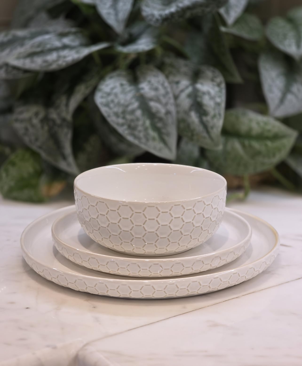 24 Piece Dinnerware Sets for 8 - Farmhouse Style Stoneware Plates and Bowls Sets - Scratch Resistant & Dishwasher Safe, Embossed Boho Ceramic Dish Set, Stack Compactly Dishware - Vintage White customer photo 2