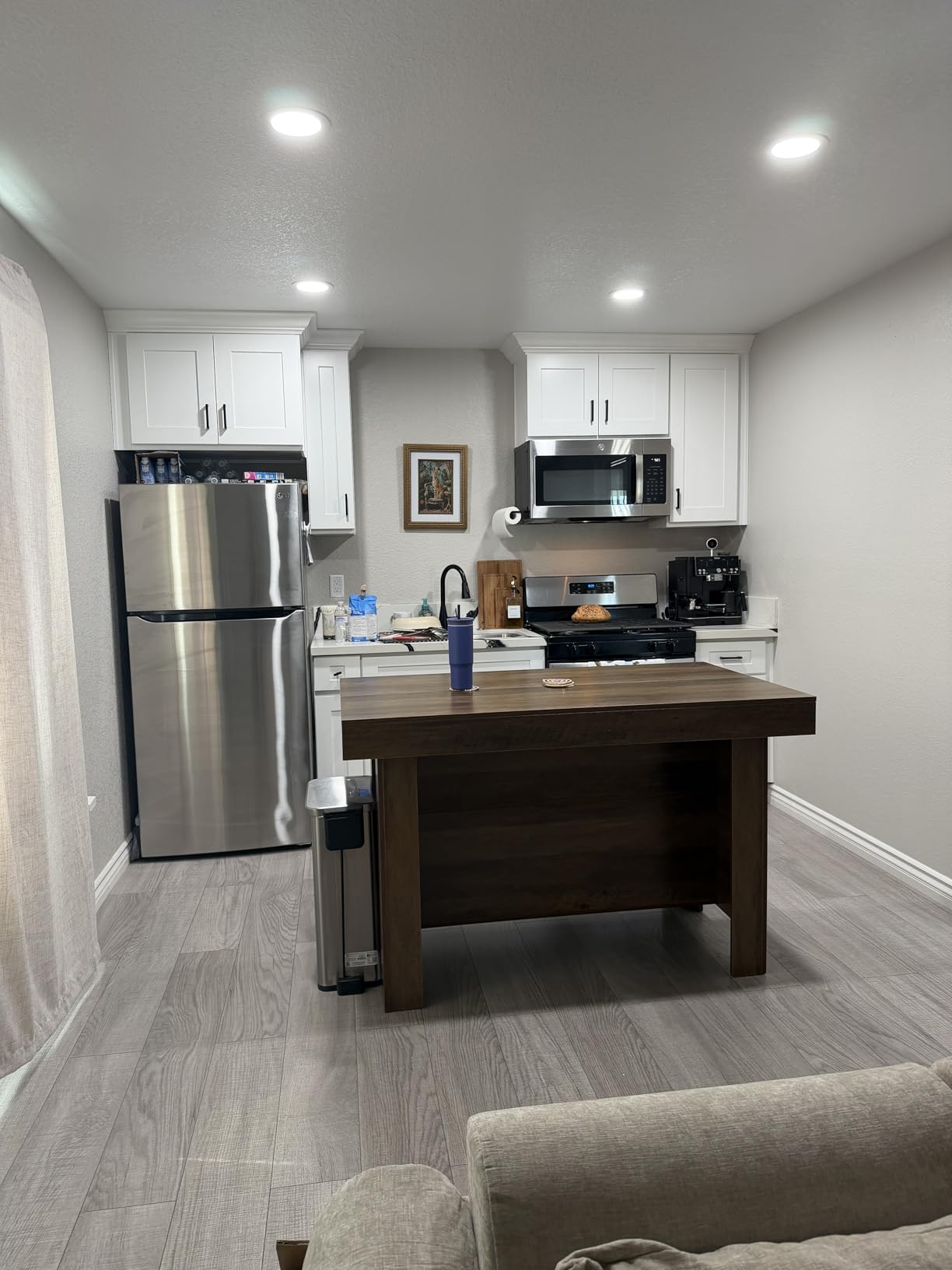 LITTLE TREE 55 Inches Kitchen Island with Storage, 3-Tier Farmhouse Wooden Stationary Island Table with Large Worktop & Leg Room, Modern Coffee Bar Table with Storage Shelf for Kitchen, Rustic Brown customer photo 1