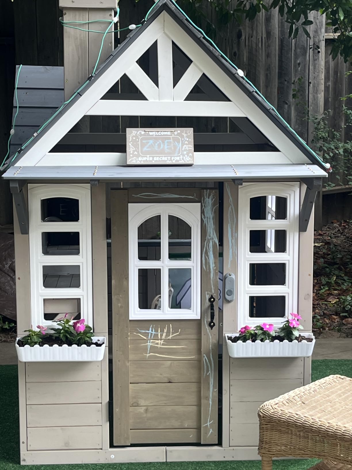 Kids Playhouse Outdoor, Cedar Gray Wooden Play House for Kids Ages 3-8, Interactive Doorbell, Kitchen Counter with Utensils, Sink, Window Boxes for Flowers (Blue) customer photo 1