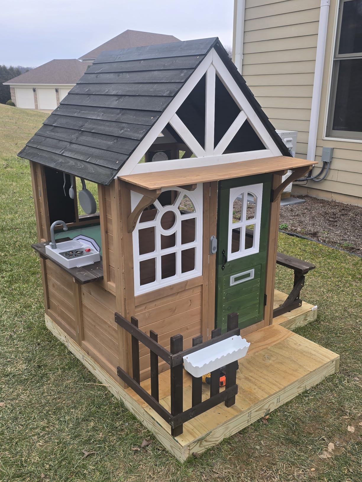 Kids Playhouse Outdoor, Cedar Gray Wooden Play House for Kids Ages 3-8, Interactive Doorbell, Kitchen Counter with Utensils, Sink, Window Boxes for Flowers (Blue) customer photo 2