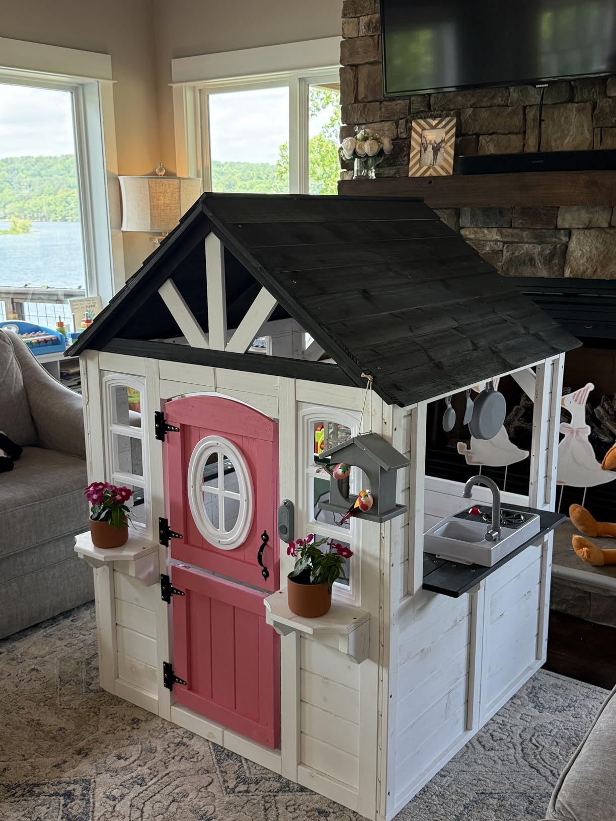 Kids Playhouse Outdoor,Cedar Wooden Play House for Kids Ages 3-6,with Dutch Door, Play Kitchen, Interactive Doorbell, Sink, Flowerpot, Birdcage customer photo 1