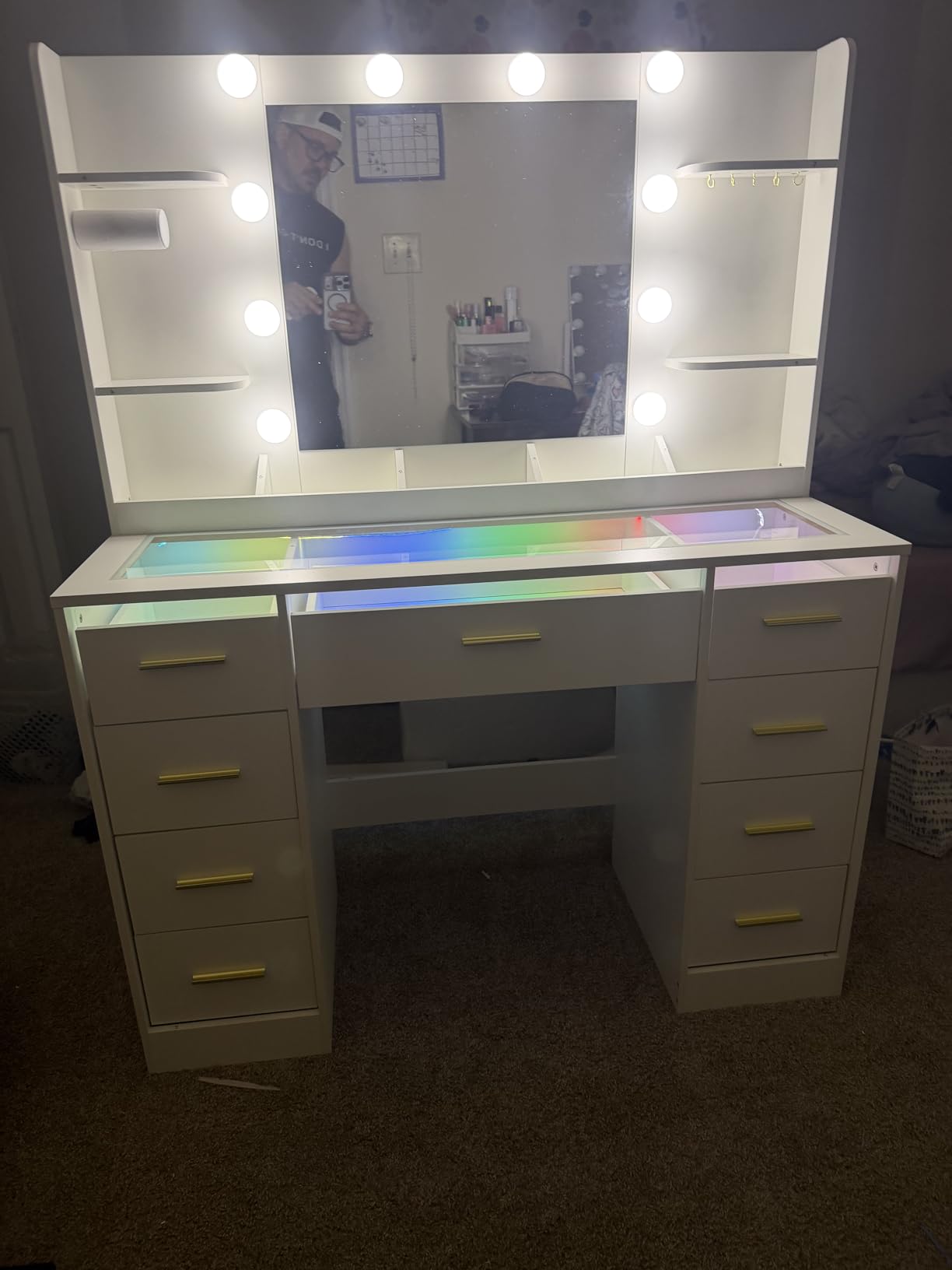 ANWBROAD Vanity Desk with Mirror and Lights 3 Colors Large Makeup Vanity Table Set Transparent Glass Top with 9 RGB Drawers, 4 Shelves Vanity Desk with Stool Power Outlet White Bedroom Women UBDT94W customer photo 1