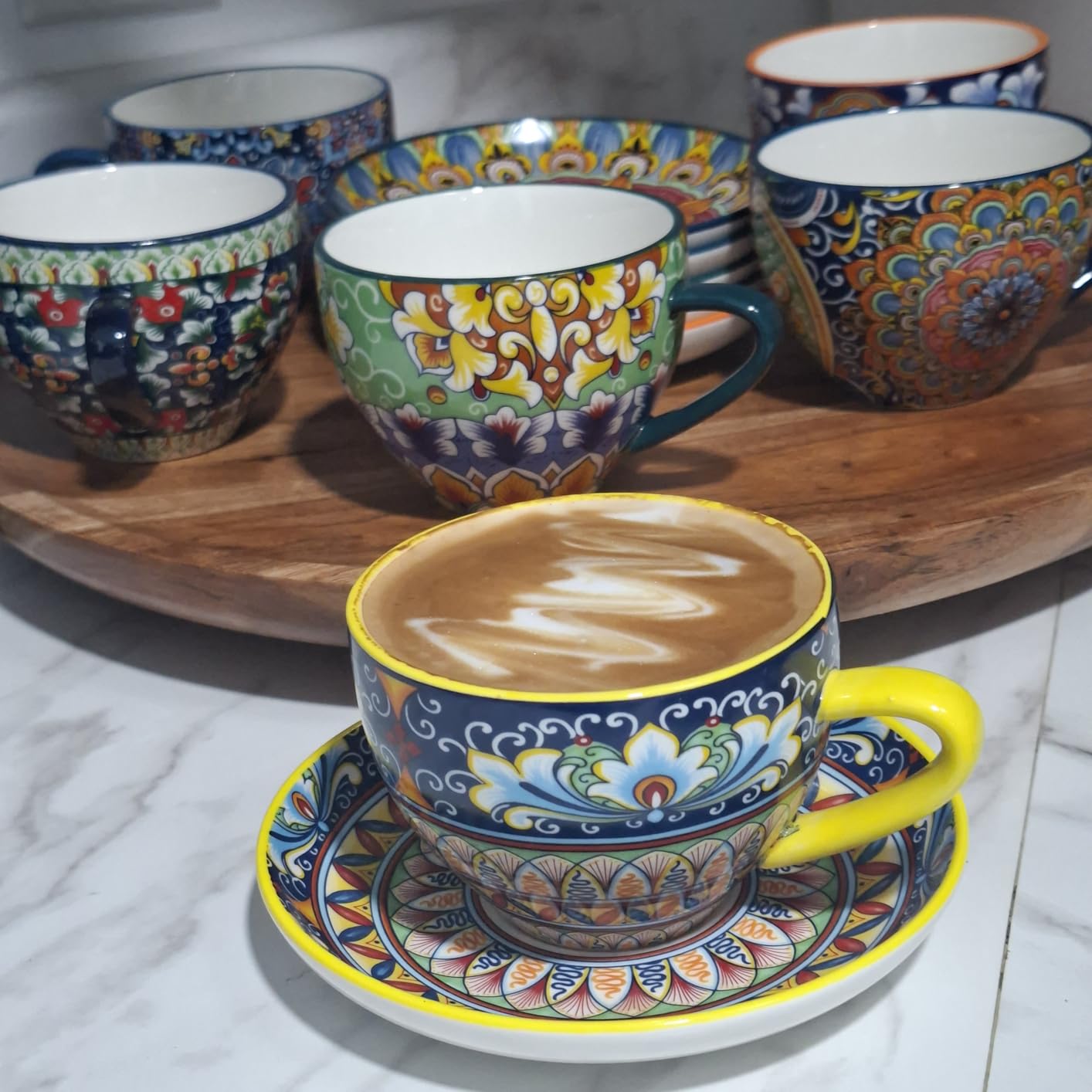 vancasso 8 oz Cappuccino Cups with Saucers Set of 6, Bohemian Ceramic Coffee Cup for Latte, Tea, Espresso, Microwave & Dishwasher Safe - Porcelain Tea Cups and Saucers for Kitchen or Cafe customer photo 1