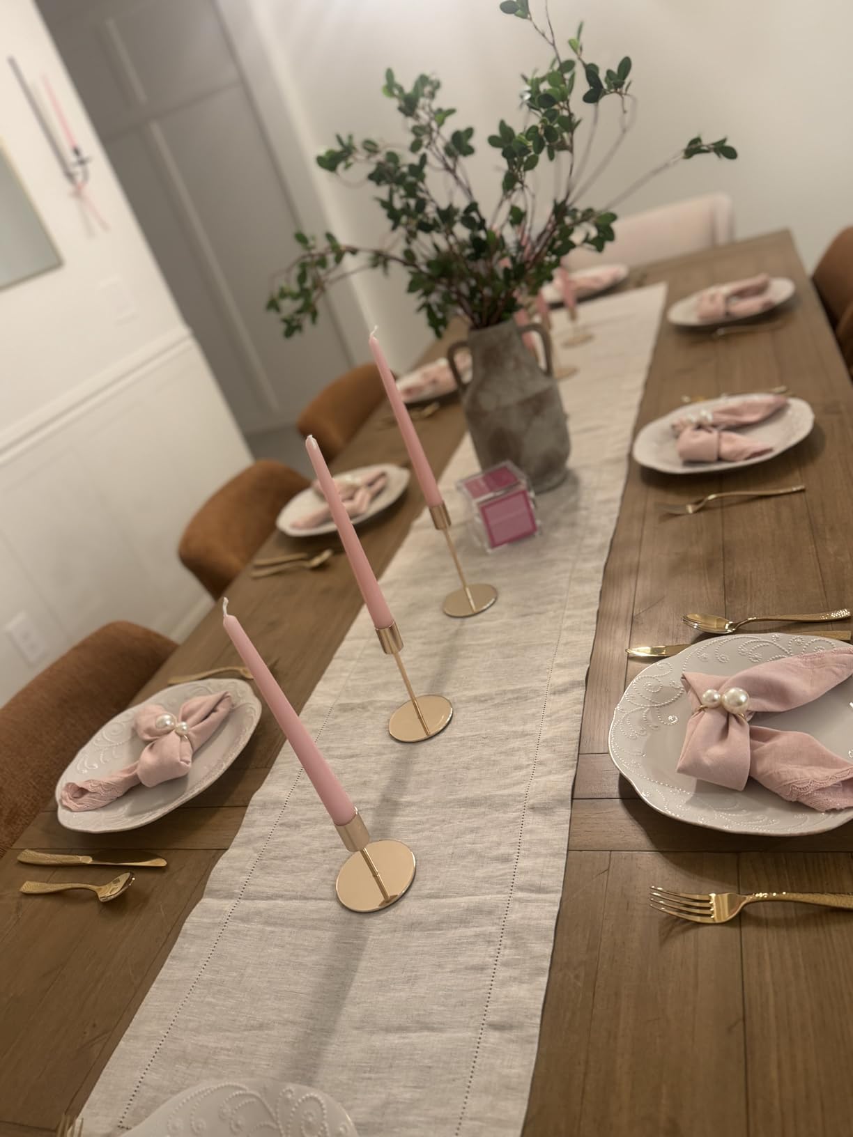KINGSTONE 100% Pure French Linen Table Runner 120 Inches Long, Natural Hemstitch Tablecloth with Mitered Corners, Crease-Free Scroll Packaging, 14x120 for Farmhouse Decor customer photo 1
