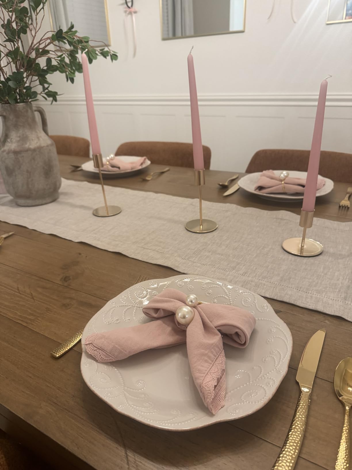 KINGSTONE 100% Pure French Linen Table Runner 120 Inches Long, Natural Hemstitch Tablecloth with Mitered Corners, Crease-Free Scroll Packaging, 14x120 for Farmhouse Decor customer photo 2