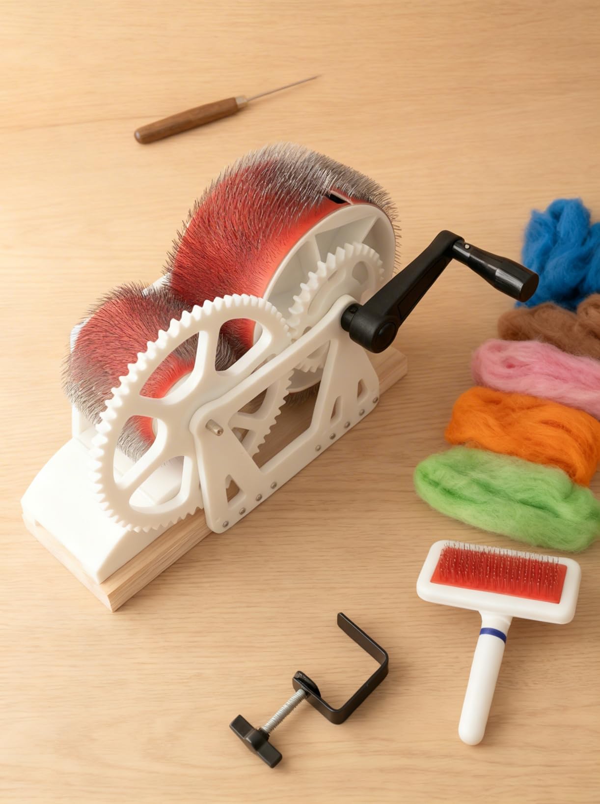 Feqaeqe Manual Wool Drum Carder, Wool Carding Machine with Foldable Handle, Starter Kit for Fiber Blending & Combing, Includes 5 Colors Wool, Awl, Brush and Table Clamp for DIY Felting and Spinning customer photo 1