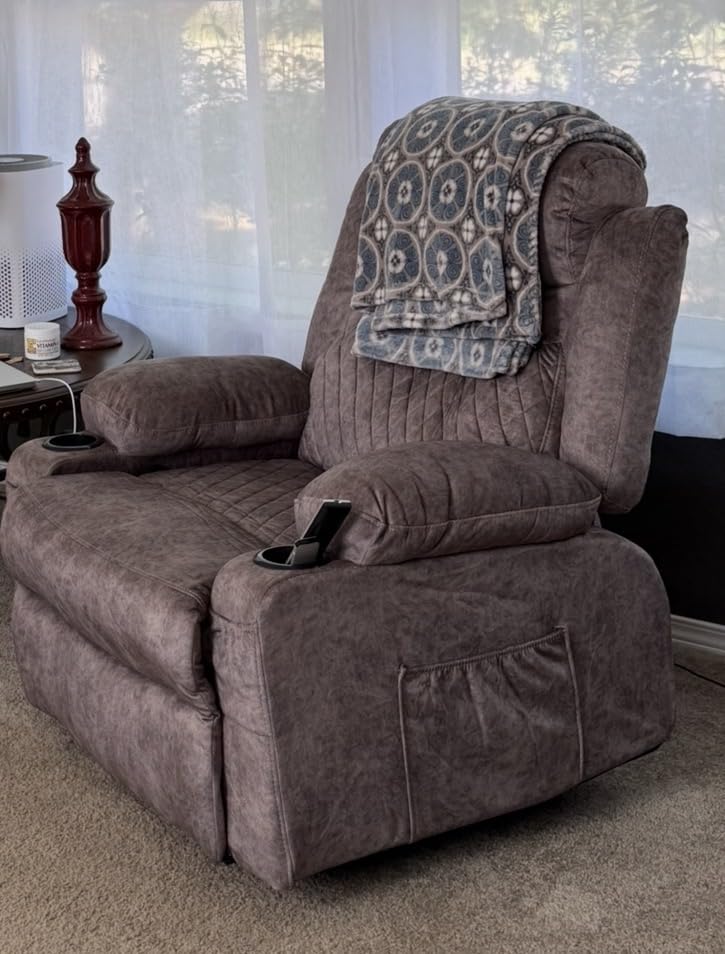 Overstuffed Massage Recliner Chair with Heat, Wide Seat Reclining Chair for Home Theater, Heated Massaging Manual Recliner Chairs with Cup Holders, Grey customer photo 1