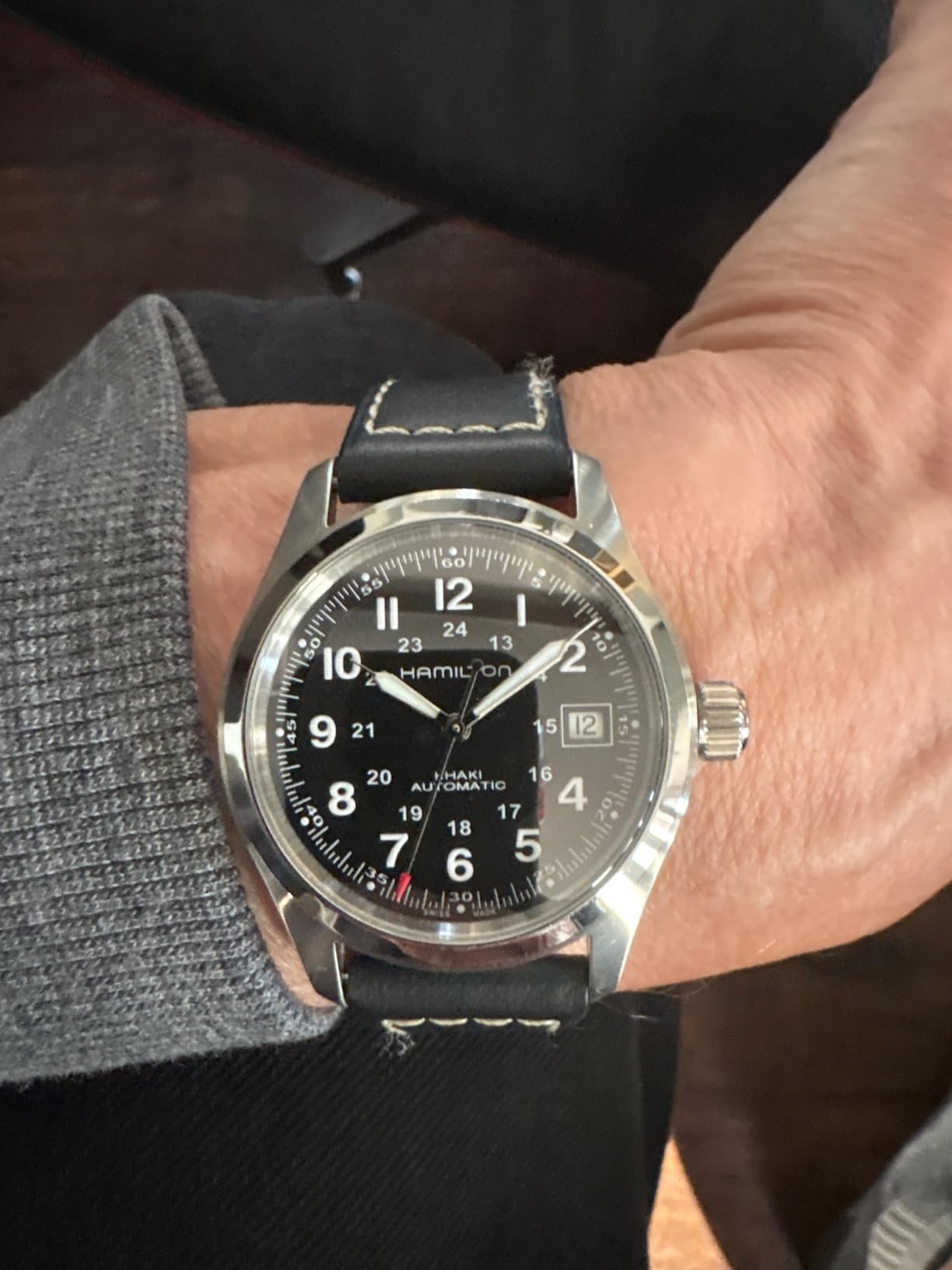 Hamilton Khaki Field Automatic Men's Watch, 38mm Stainless Steel Case, Swiss Made, Black Dial Analog Wrist Watch for Men, 100m Waterproof, Sapphire Crystal, 3-Hand Movement, Cow Leather Strap customer photo 2