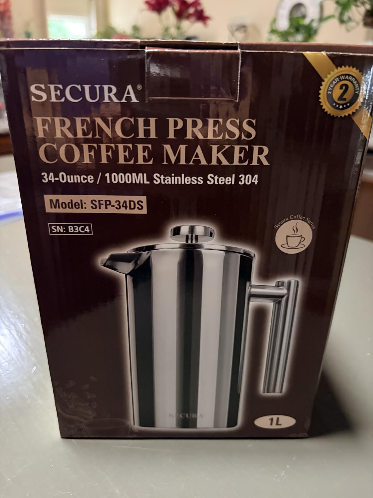 Secura French Press Coffee Maker, 304 Grade Stainless Steel Insulated Coffee Press with 2 Extra Screens, 34oz (1 Litre), Silver customer photo 2