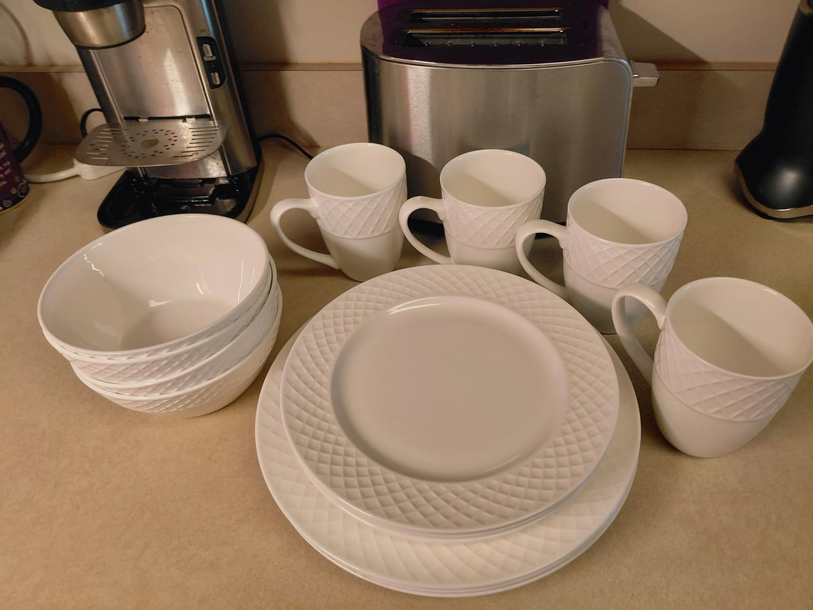 Mikasa Trellis 16-Piece Bone China Dinnerware Set, White, Includes Dinner Plates, Salad Plates, Cereal Bowls and Mugs, Dishwasher Safe customer photo 1