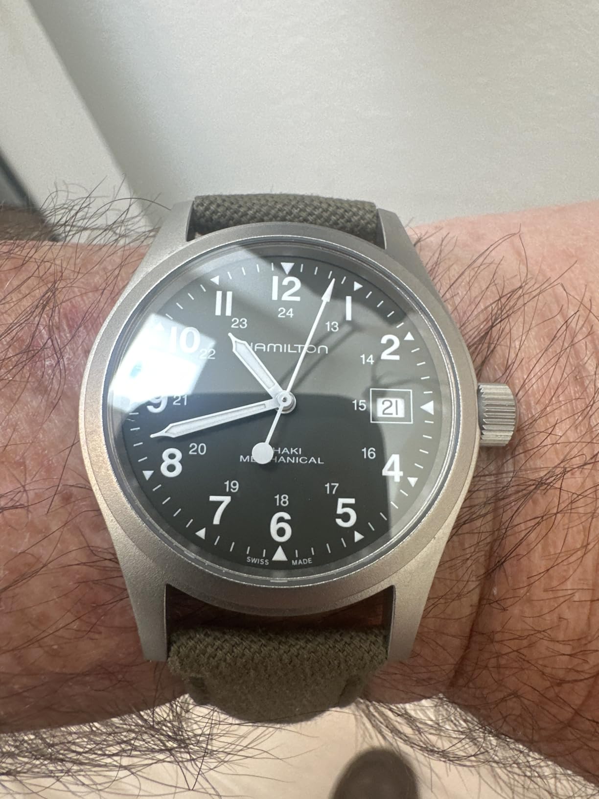 Hamilton Khaki Field Mechanical Men's Watch, 38mm Stainless Steel Case, Swiss Made, Green Dial Analog Wrist Watch for Men, 50m Waterproof, Sapphire Crystal, Canvas Strap customer photo 1