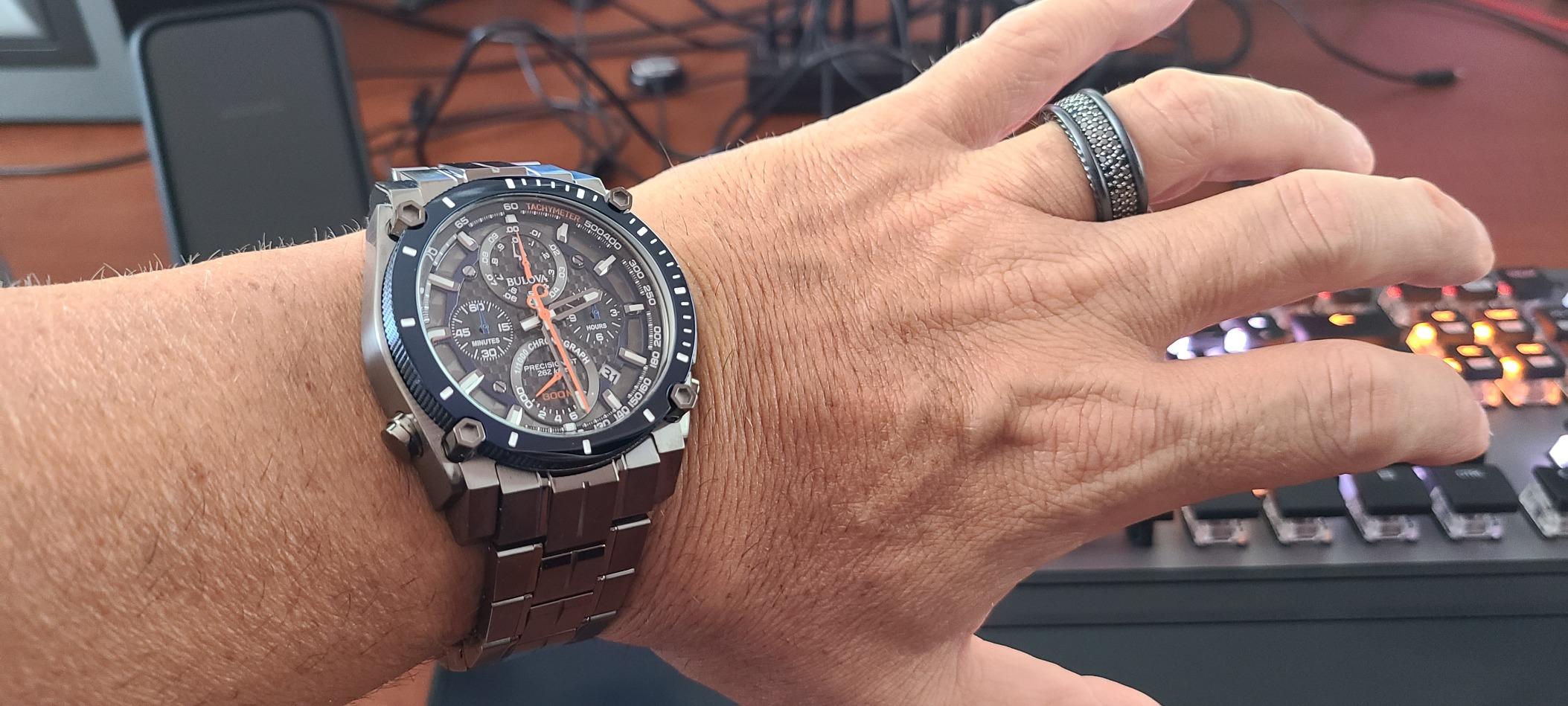 Bulova Men's Precisionist Gray Ion-Plated Stainless Steel 8-Hand Chronograph with Blue and Orange Accents Style: 98B343 customer photo 2