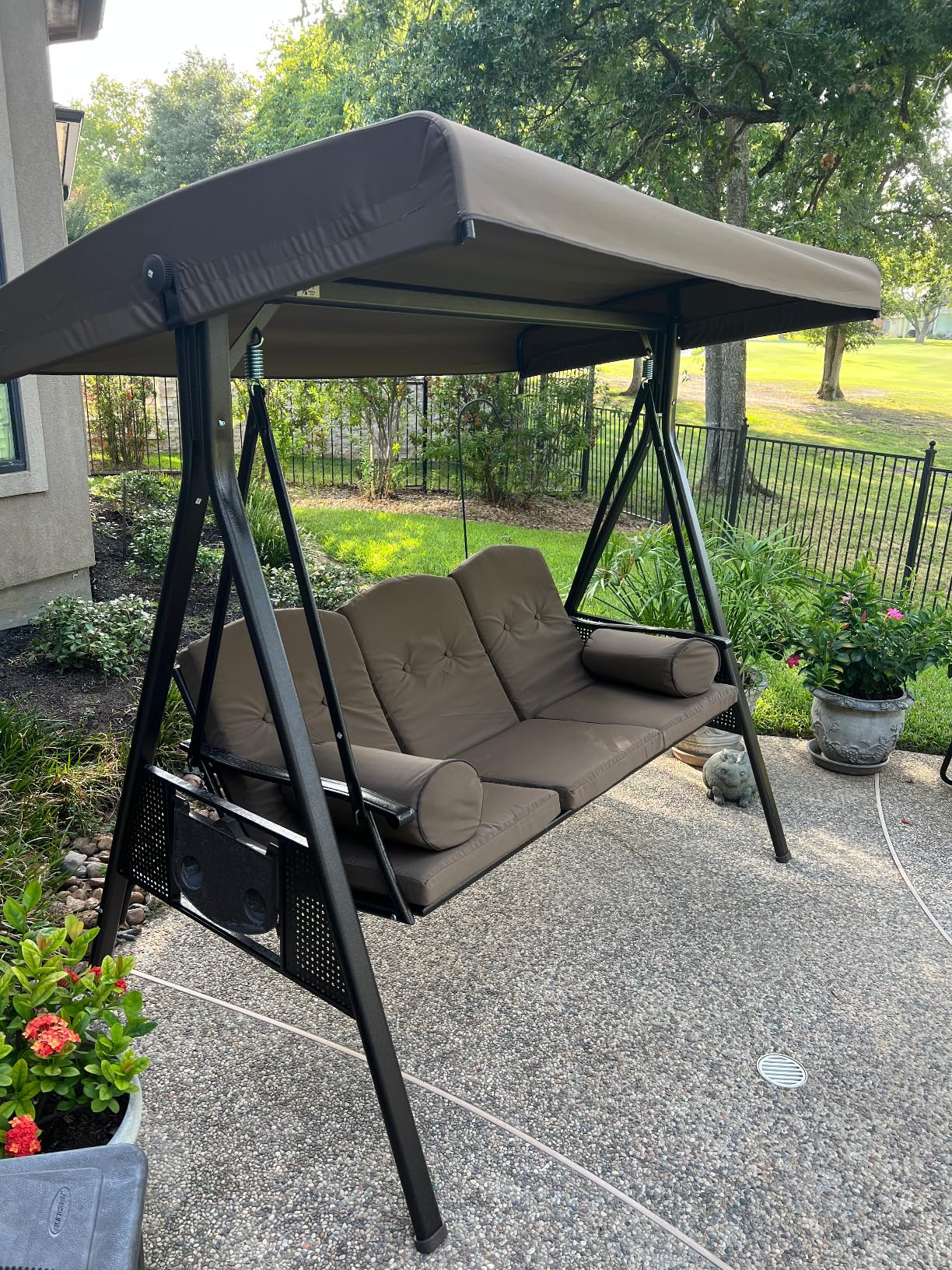 PURPLE LEAF 3-Seat Deluxe Outdoor Patio Porch Swing with Weather Resistant Steel Frame, Adjustable Tilt Canopy, Cushions and Pillow Included, Beige customer photo 1