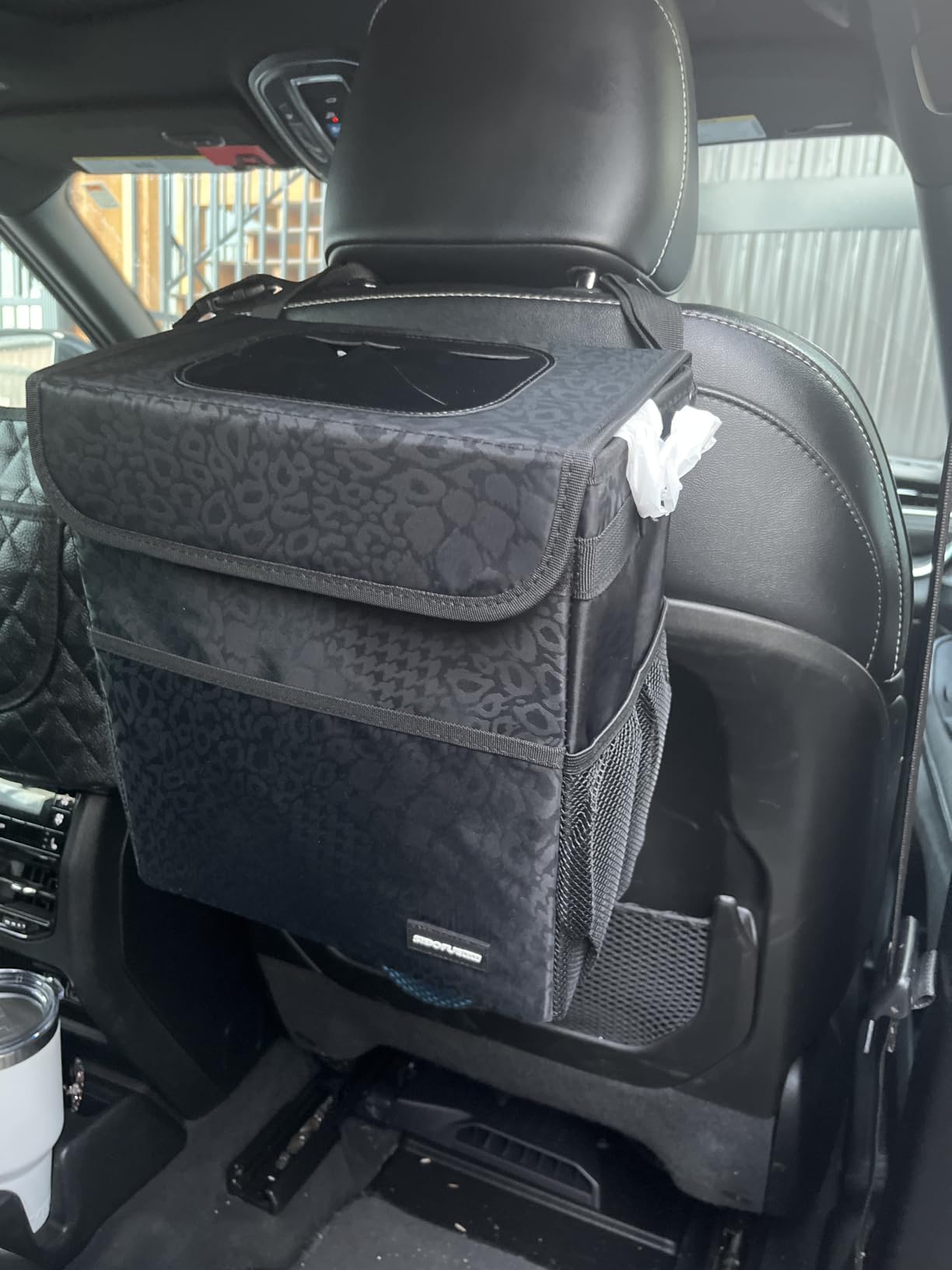 SIBOFUEGO Cute Car Trash Can with Lid - Multipurpose Collapsible Trash Bin for Car, Leak-Proof Organizer, Waterproof Garbage Can with Storage Pockets & Adjustable Straps, 2 Gallons (Black Leopard) customer photo 1