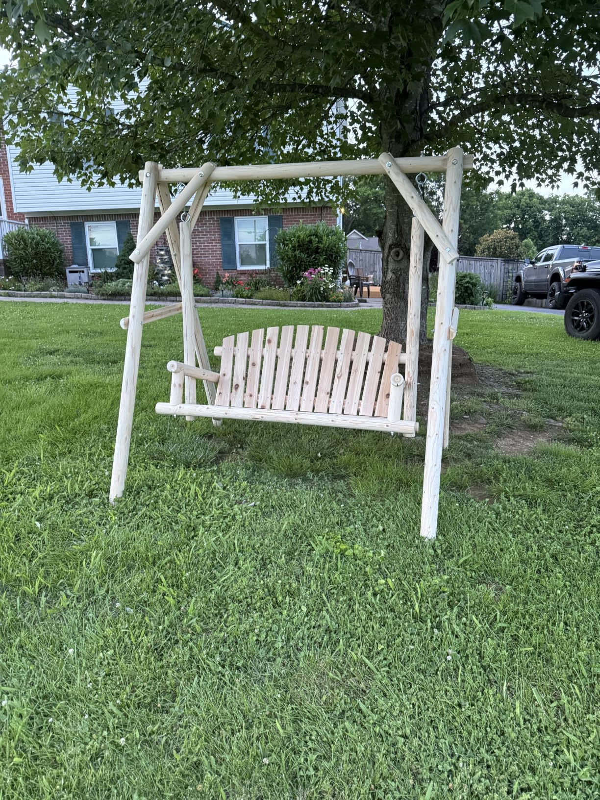 VINGLI Heavy Duty 880 LBS Wooden Patio Porch Swing with A-Frame Stand, Hanging Swing Bench Chair with Frame for Outside, Yard, Garden (Natural) customer photo 1