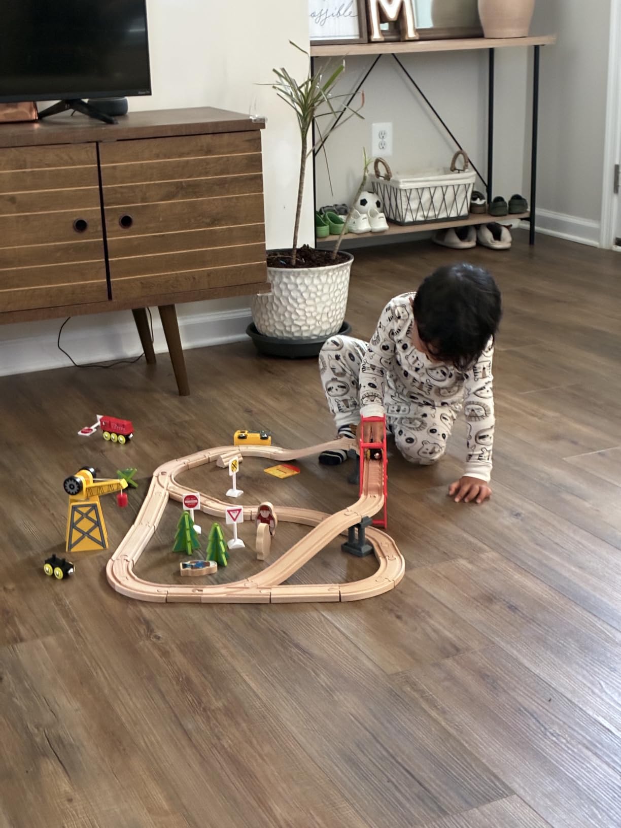Tiny Land 55PCS Wooden Train Set - Durable Wooden Railway Tracks - Compatible with Major Brand Tracks customer photo 1