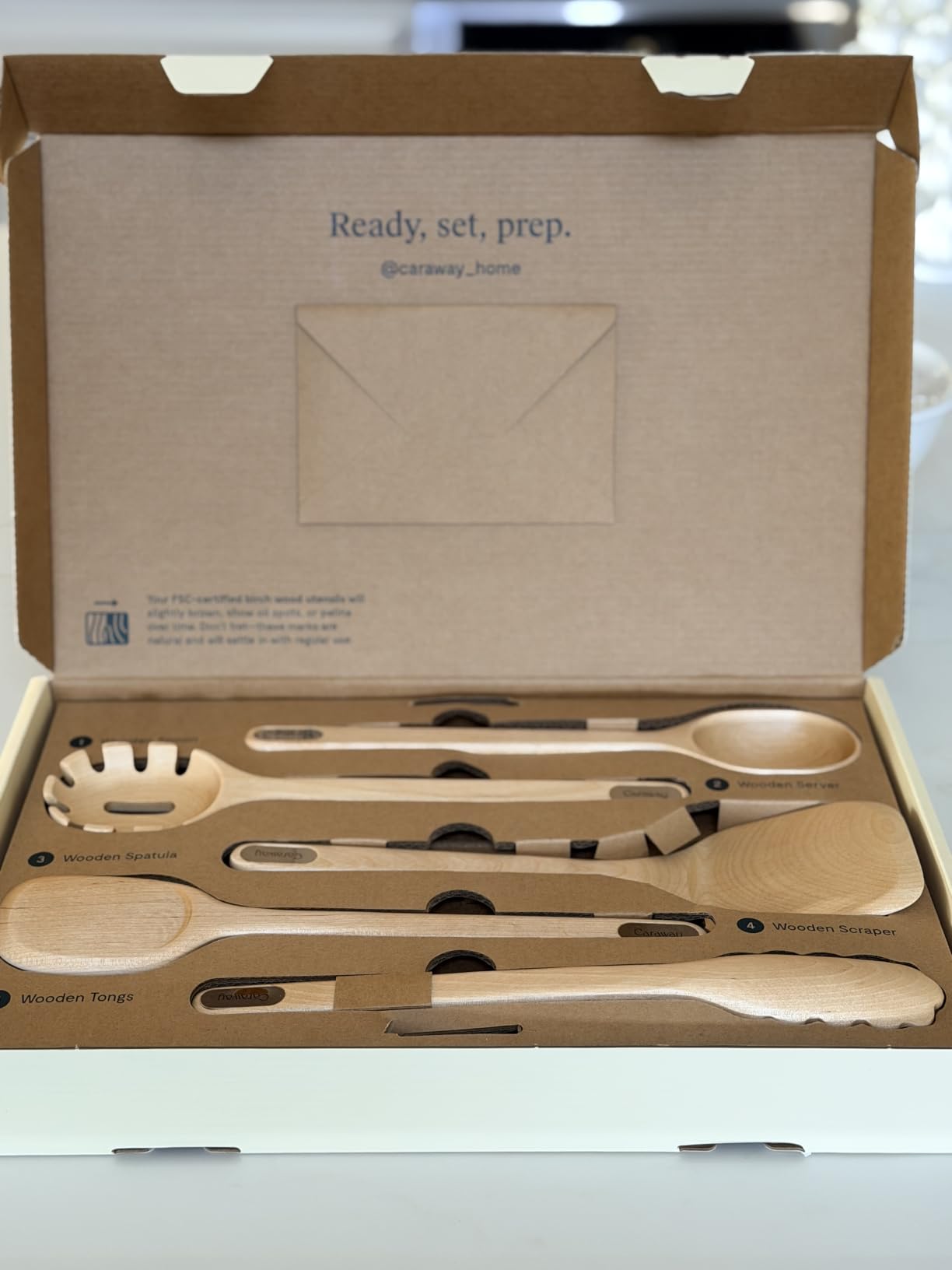 Caraway Wooden Utensil Set - 5 Piece Cooking Utensil Set - Spoon, Server, Scraper, Spatula, & Tongs - Made From FSC-Certified Birch Wood - No Microplastics customer photo 1