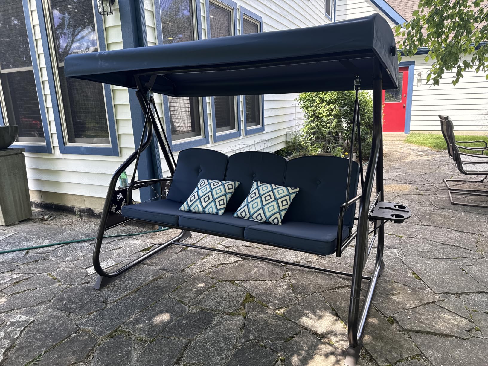 ZZW 3-Seat Patio Porch Swing 800LBS Outdoor Swing with Stand w/Canopy & Adjustable Backrest Patio Glider Chair w/Removable Pillows & Foldable Side Tray for Balcony Garden Deck (Blue) customer photo 1