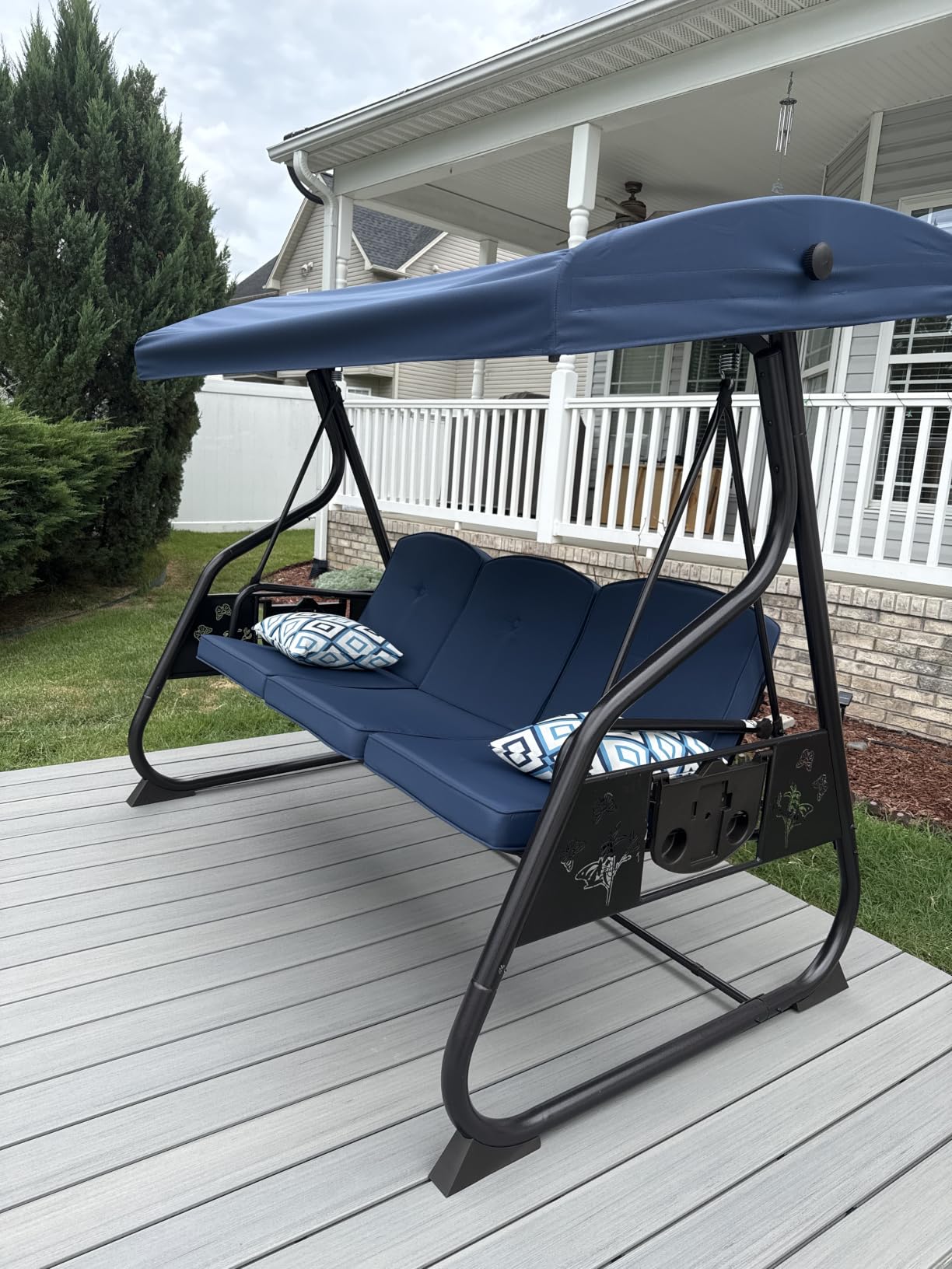 ZZW 3-Seat Patio Porch Swing 800LBS Outdoor Swing with Stand w/Canopy & Adjustable Backrest Patio Glider Chair w/Removable Pillows & Foldable Side Tray for Balcony Garden Deck (Blue) customer photo 2