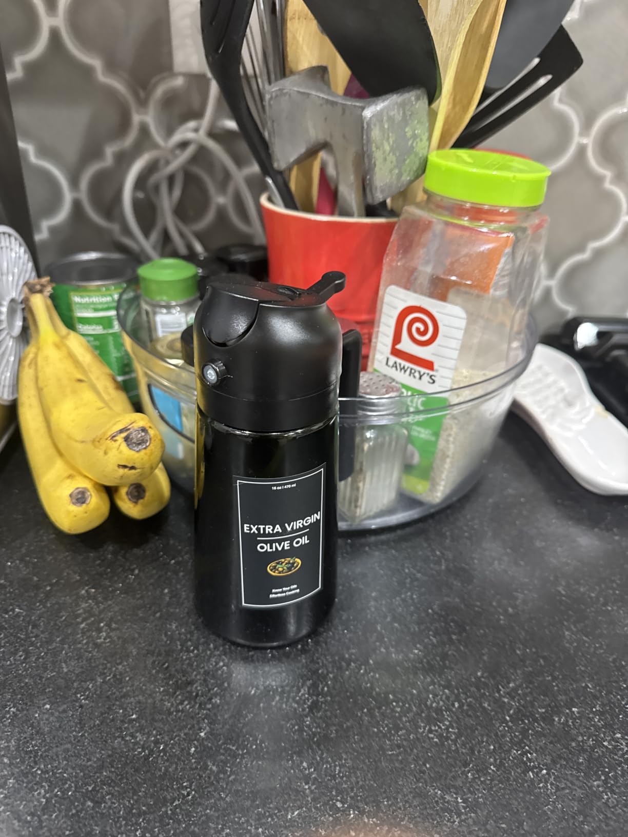 CXINYI - 16oz/470ml Olive Oil Dispenser for Kitchen with Stickers - 2 in 1 Olive Oil Sprayer for Cooking, Air Fryer, and Salad, Black&Green (Light-Proof Kitchen Gadget) customer photo 2
