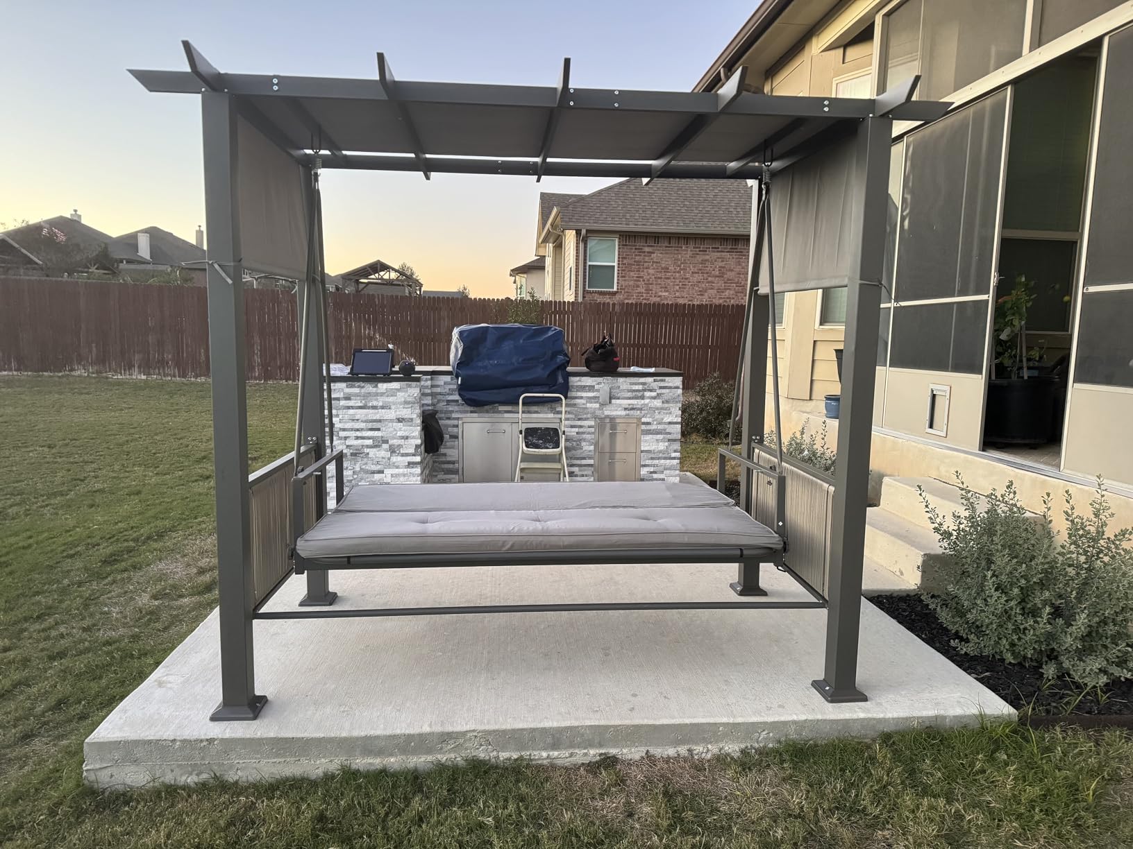 Pamapic 3-Seat Porch Swing with Stand, 990 LBS 2 in 1 Convertible Bed Patio Swings with Canopy Adjustable, Wicker Side Panel Swing Chair Outdoor with Cushion for Backyard, Porch, Garden (Gray) customer photo 1