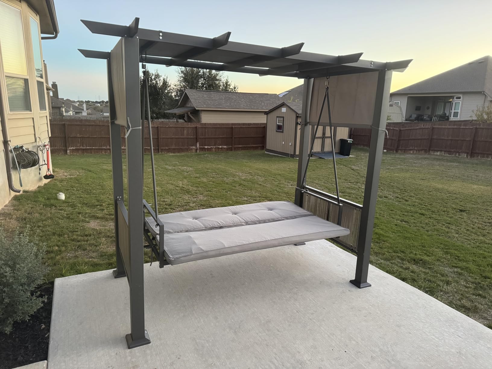 Pamapic 3-Seat Porch Swing with Stand, 990 LBS 2 in 1 Convertible Bed Patio Swings with Canopy Adjustable, Wicker Side Panel Swing Chair Outdoor with Cushion for Backyard, Porch, Garden (Gray) customer photo 2
