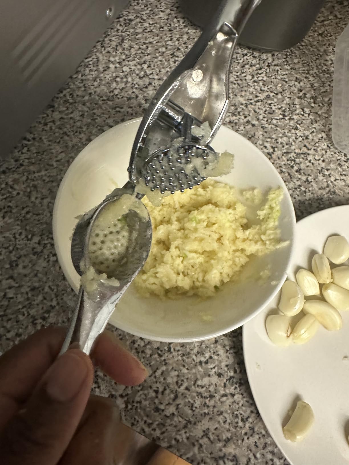 CUNSENR Garlic Press Set, Premium Rust Proof Garlic Mincer Tool with Ergonomic Handle, Easy Squeeze & Easy Clean Garlic Crusher, Dishwasher Safe with Silicone Peeler and Brush - Silver customer photo 1