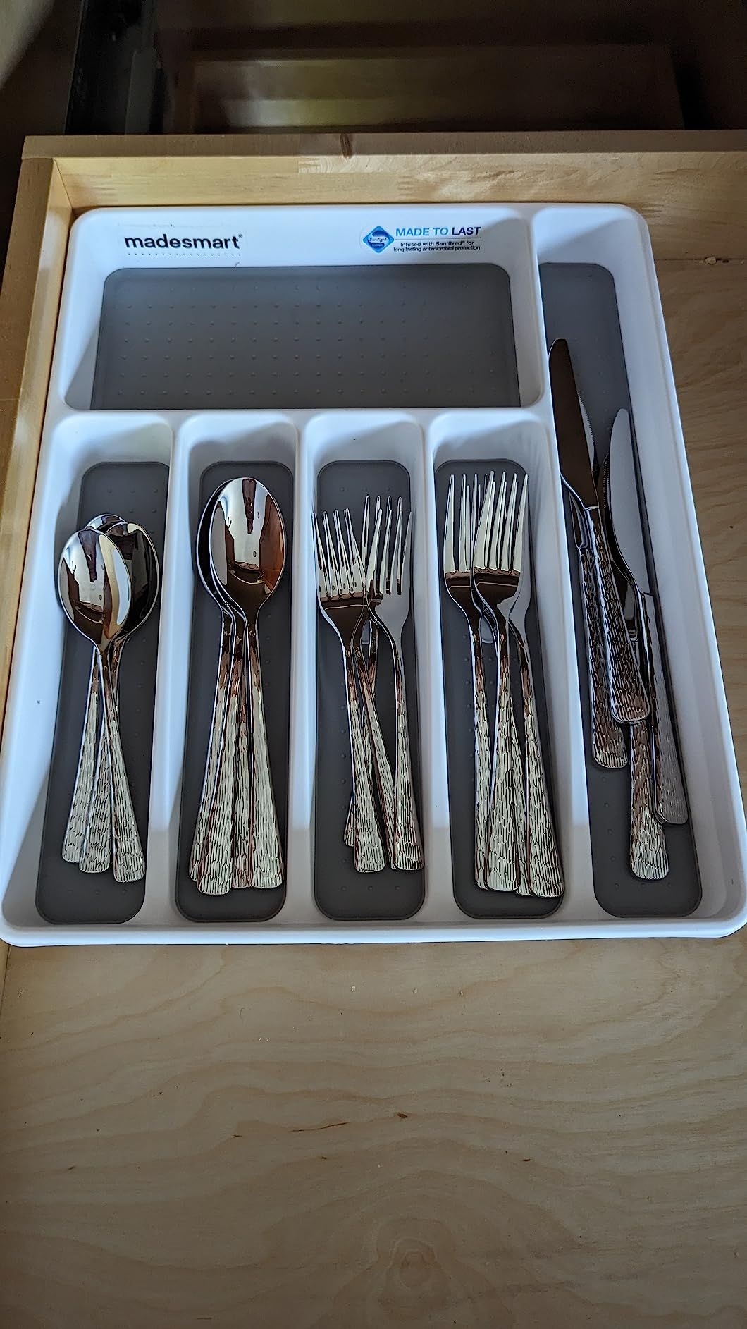 madesmart Classic 6 Compartment Silverware Tray, White | non slip feet, rounded corners, branded icons, soft grip lining, forks knives spoons, flatware sorting, woman owned customer photo 1