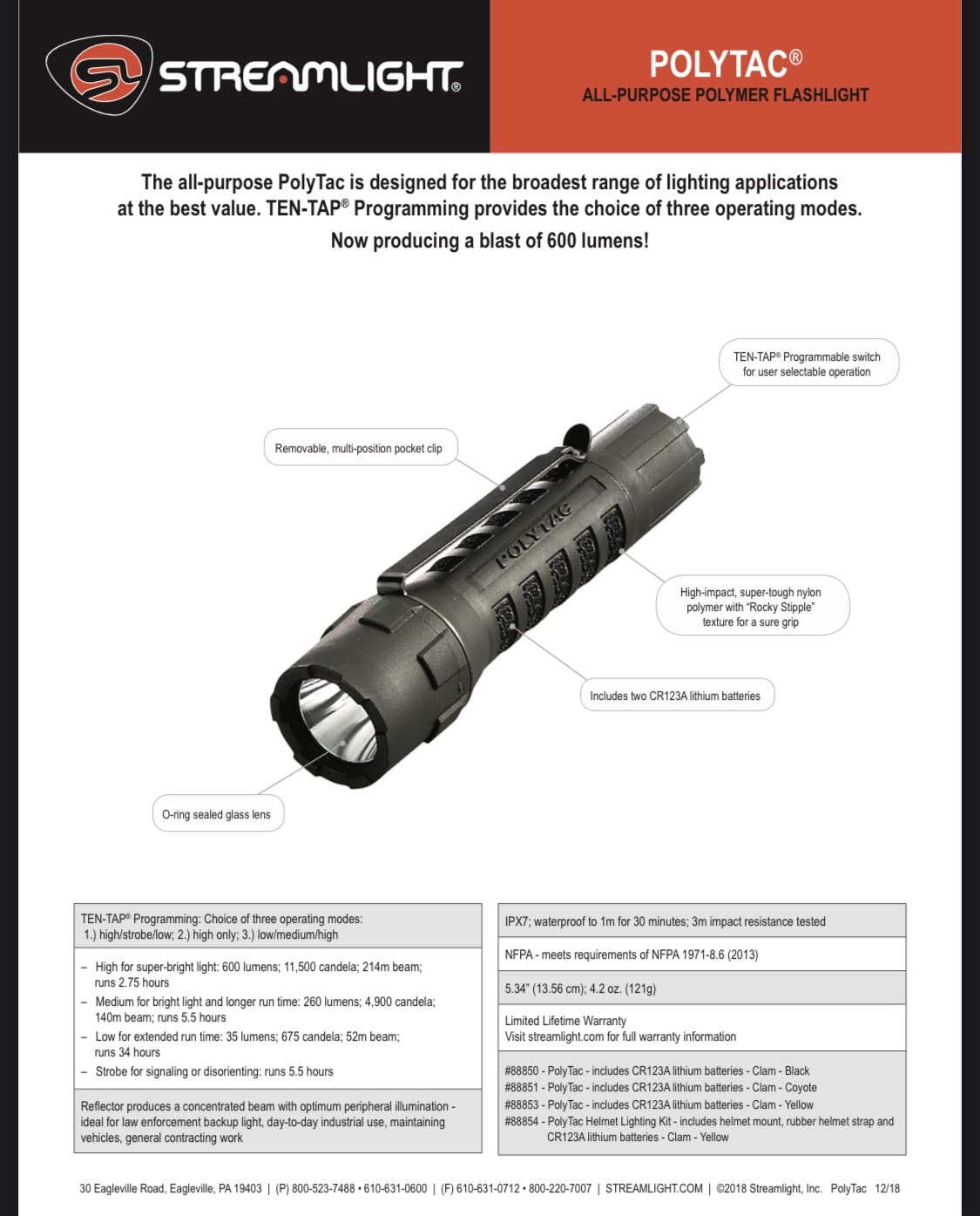 Streamlight 88850 PolyTac 600-Lumen Tactical Flashlight, Black | 11500 candela peak beam; multi-fuel 18650; TEN-TAP programming; impact-resistant polymer body customer photo 2