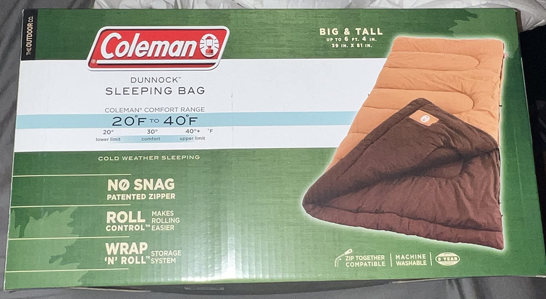 Coleman Dunnock 20°F Big 'n Tall Sleeping Bag, Cold-Weather Sleeping Bag Fits Adults up to 6ft 4in, Machine Washable, Flannel Liner customer photo 2