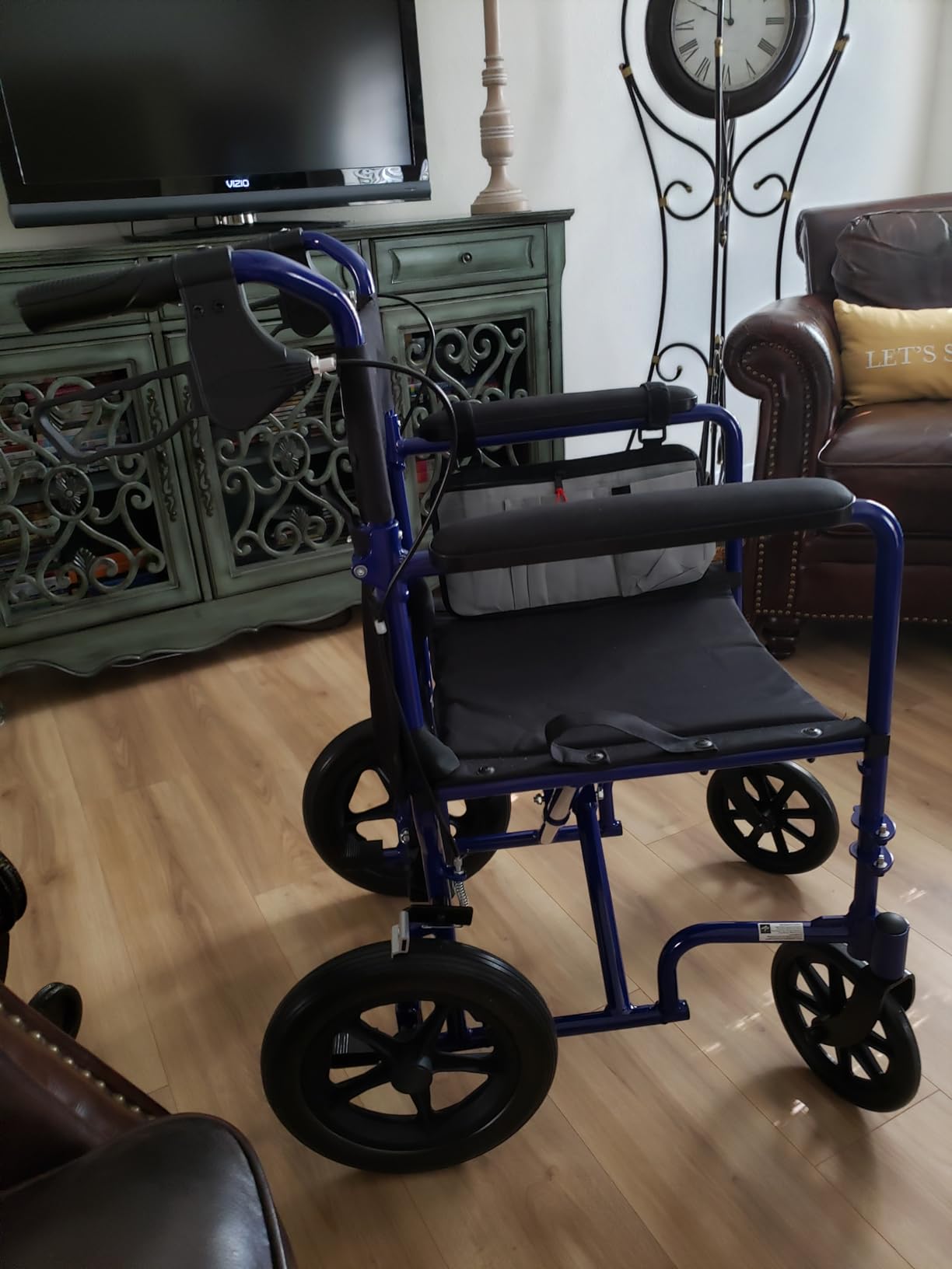 Medline Lightweight Foldable Transport Wheelchair with Handbrakes and 12-Inch Wheels, Blue Frame, Black Upholstery customer photo 2