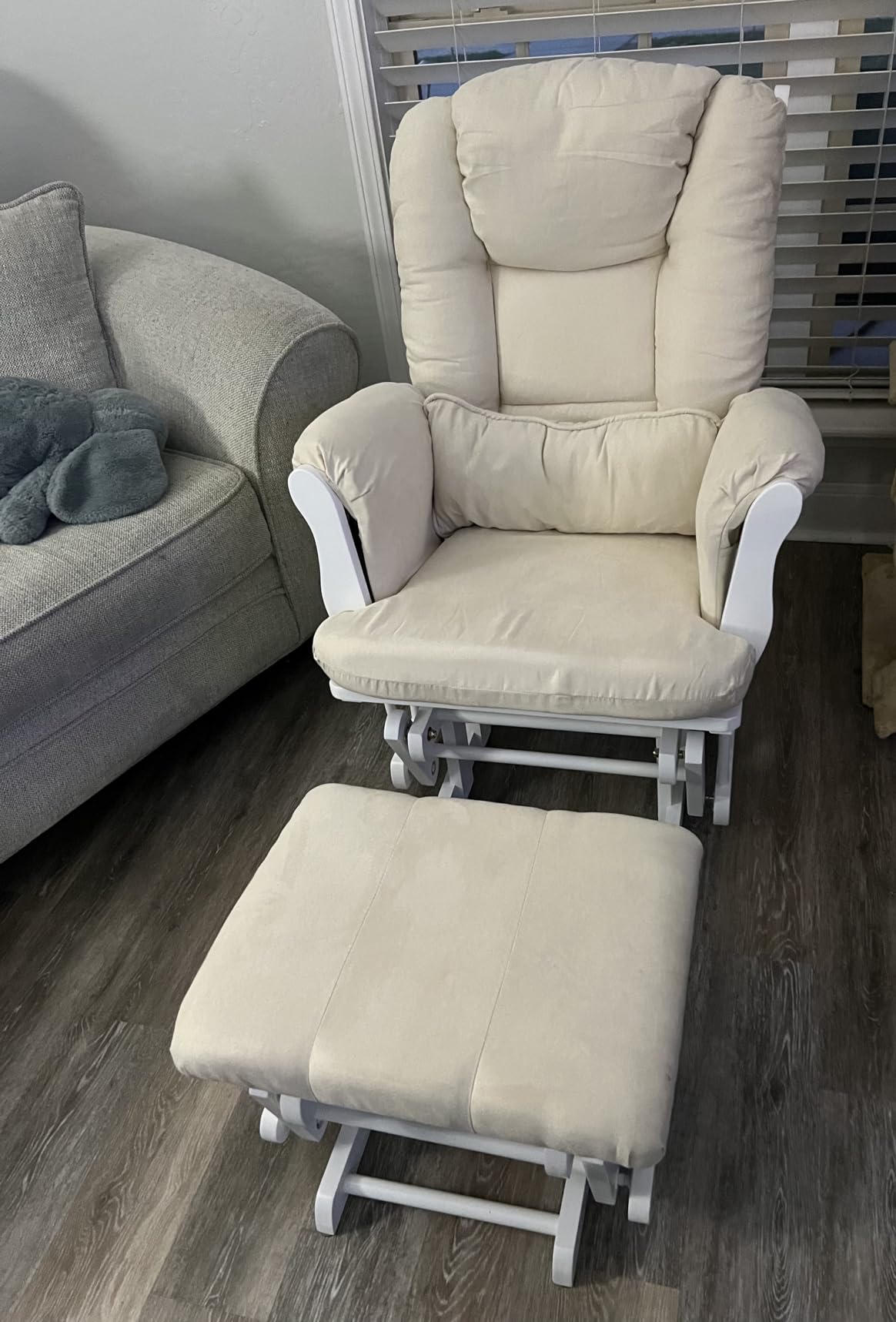 Storkcraft Tuscany Glider & Ottoman and Lumbar Pillow, Espresso/Taupe Swirl | GREENGUARD Gold Certified, Bonus Lumbar Cushion Included, Solid Wood Base, Smooth Motion, Award-Winning Nursery Rocking Chair customer photo 1