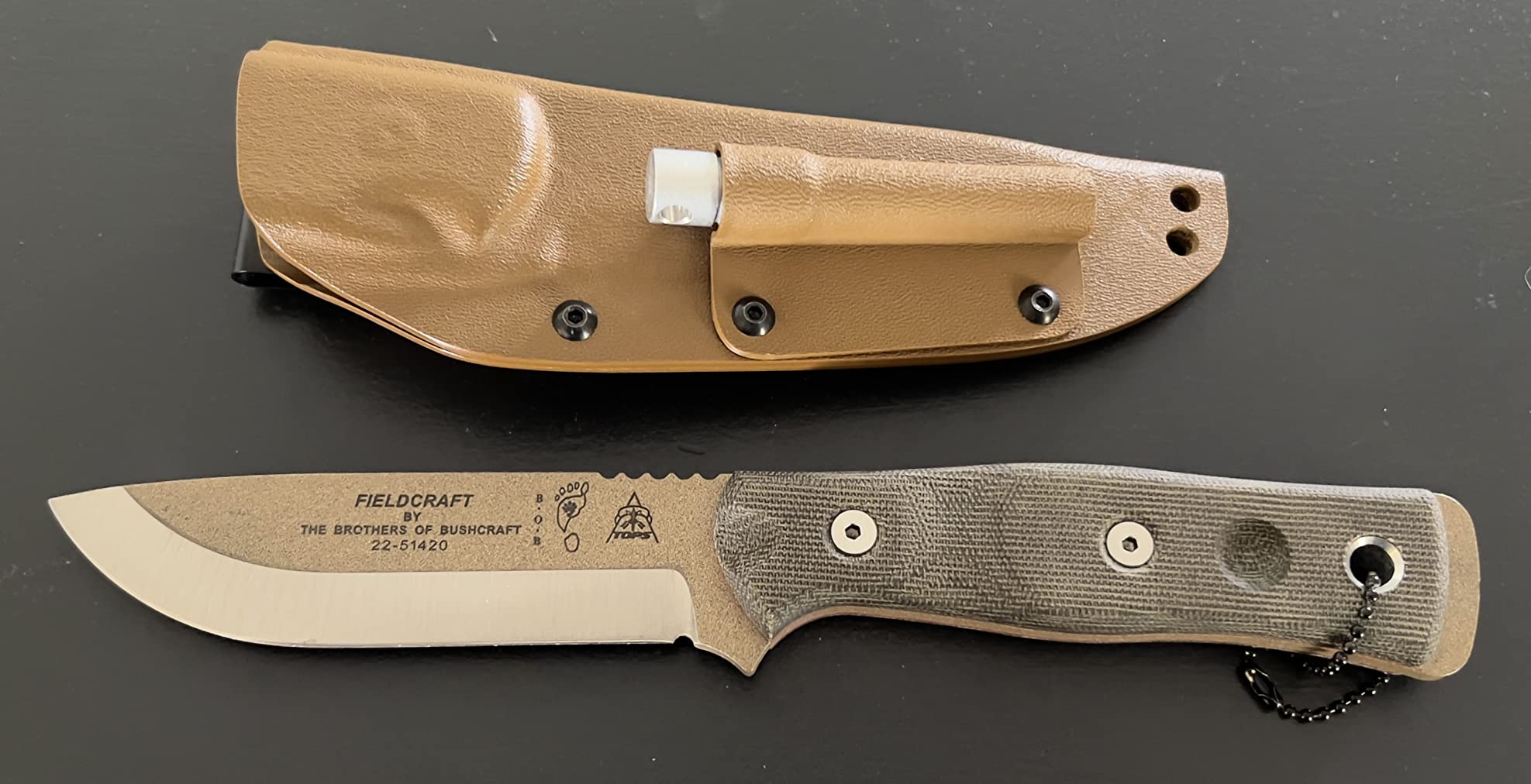 TOPS Knives B.O.B. Brothers of Bushcraft Knife | Full Tang 1095 High Carbon Steel - Coyote Tan Coating - Green Micarta Handle - Bushcraft & Camping customer photo 2