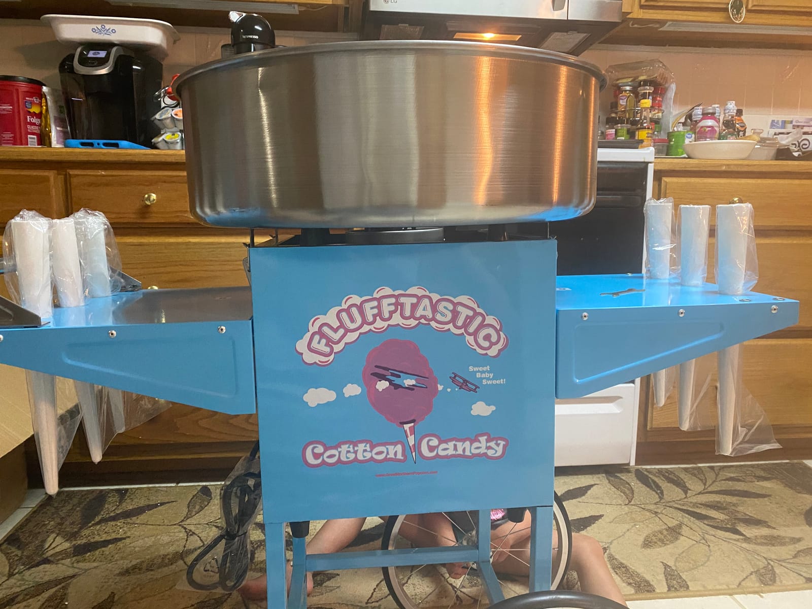 Cotton Candy Machine With Cart - 1000W Flufftastic Floss Maker With Stainless-Steel Pan, Side Trays, And 13in Wheels By Great Northern Popcorn (Blue) customer photo 1