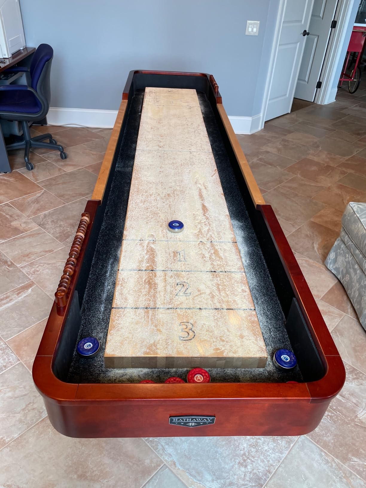 Hathaway Merlot 12 Foot Shuffleboard Table for Family Game Room - with Lacquer Coated Playfield, Built-in Scorer and Cabinet, Climate Adjusters, Leg Levelers, 8 Pucks, Brush, and Wax - Walnut Finish customer photo 1