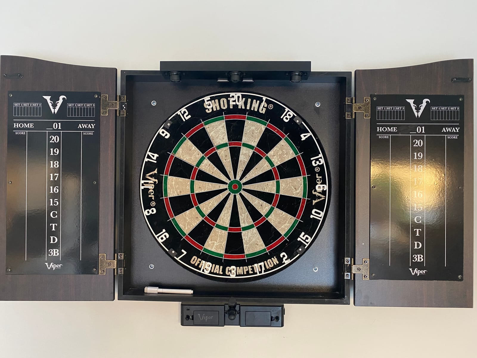 Viper Vault Cabinet & Shot King Sisal/Bristle Dartboard Ready-to-Play Bundle with Two Sets of Steel-Tip Darts, Throw Line, and Dry Erase Scoreboards, Walnut Finish customer photo 1
