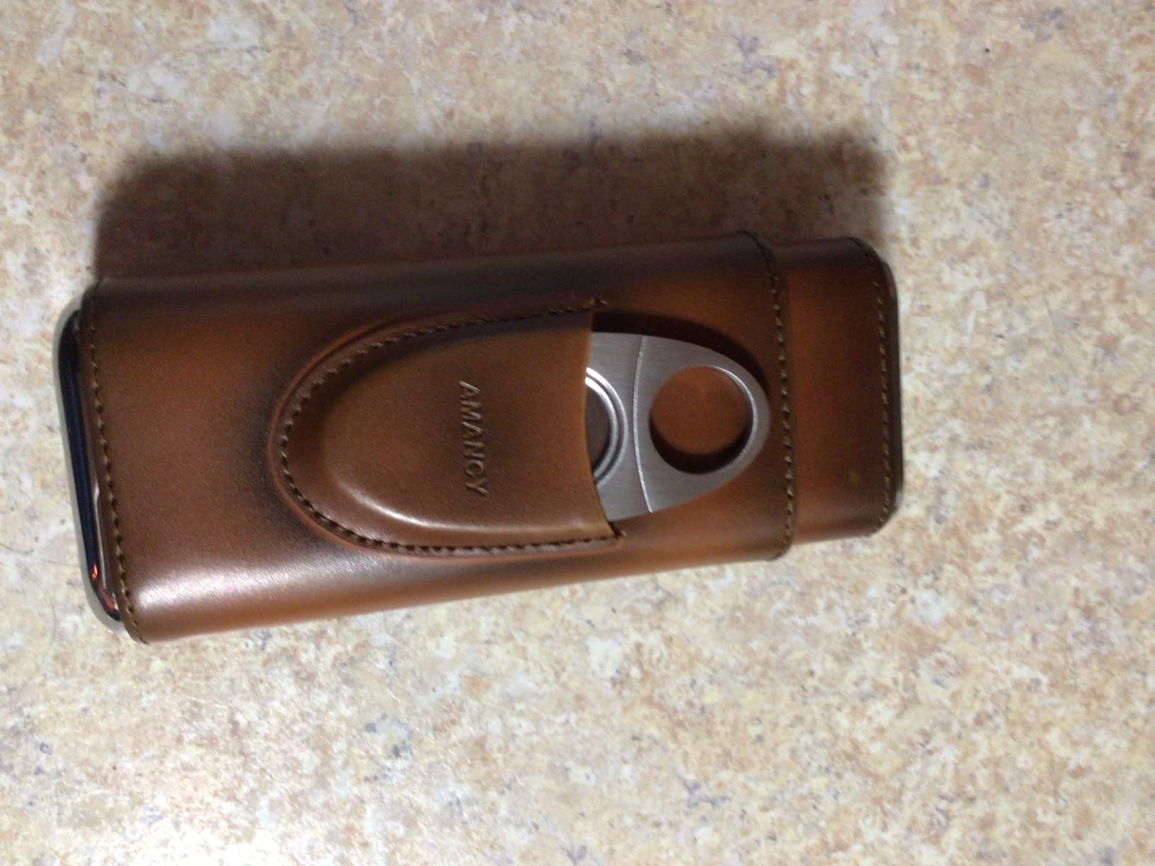 AMANCY Premium 3-Finger Brown Leather Cigar Case, Cedar Wood Lined Cigar Humidor with Silver Stainless Steel Cutter customer photo 1