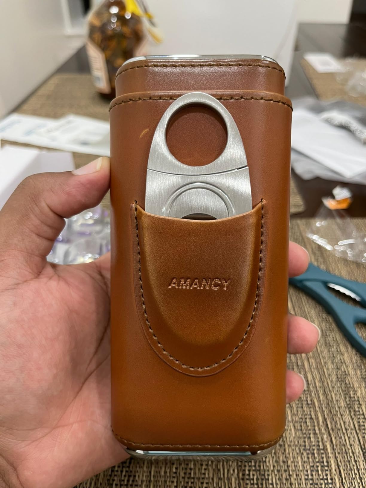 AMANCY Premium 3-Finger Brown Leather Cigar Case, Cedar Wood Lined Cigar Humidor with Silver Stainless Steel Cutter customer photo 2